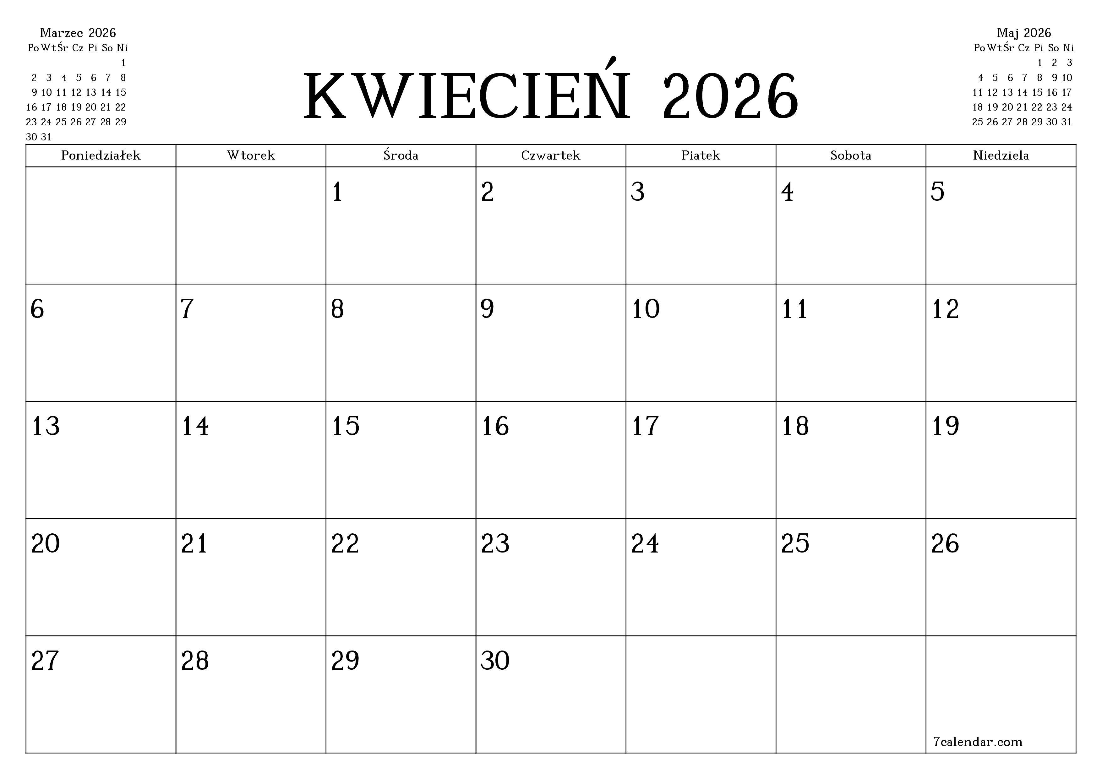 Opróżnij miesięczny planer na miesiąc Kwiecień 2026 z notatkami, zapisz i wydrukuj w formacie PDF PNG Polish