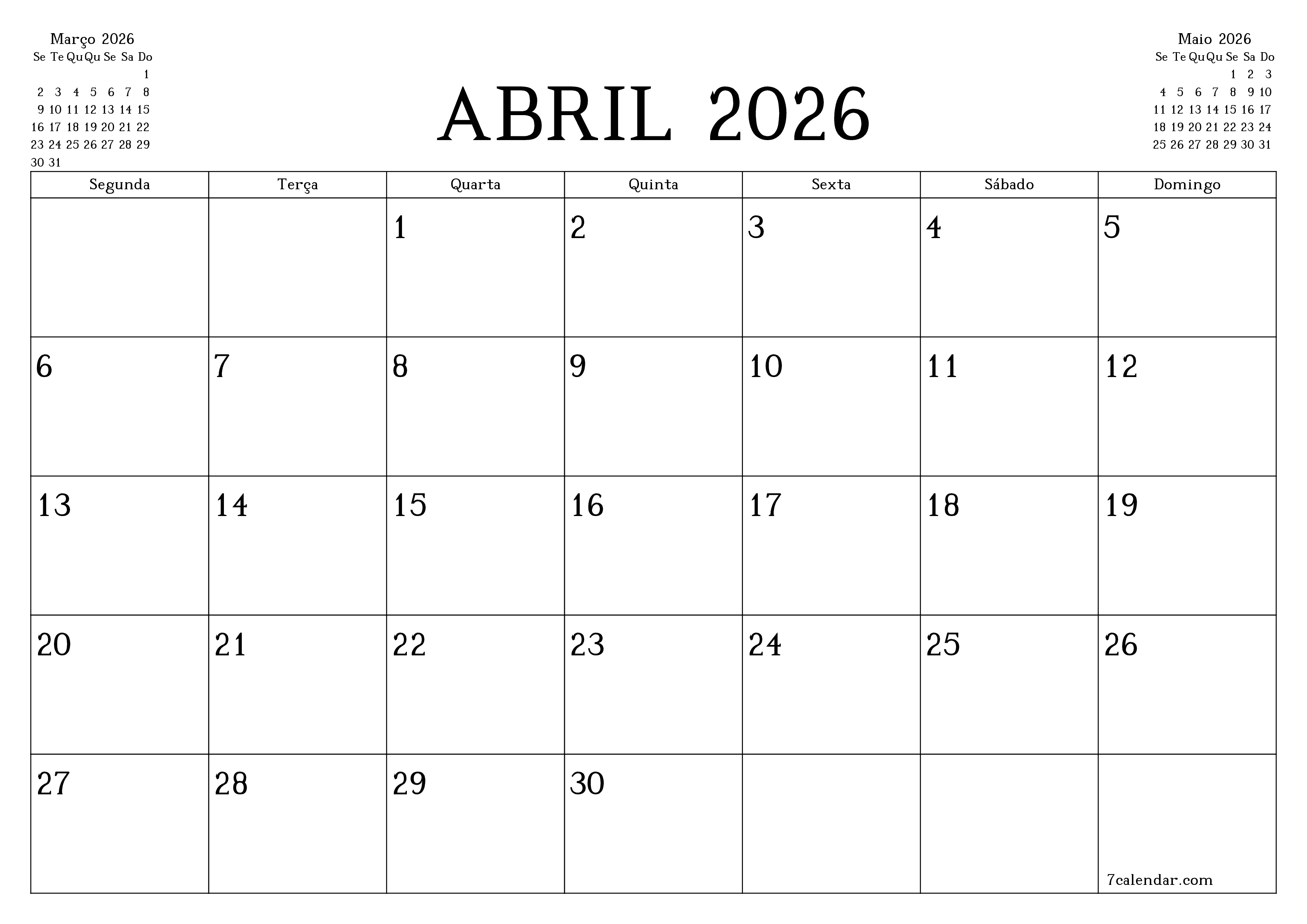 Esvazie o planejador mensal para o mês Abril 2026 com notas, salve e imprima em PDF PNG Portuguese