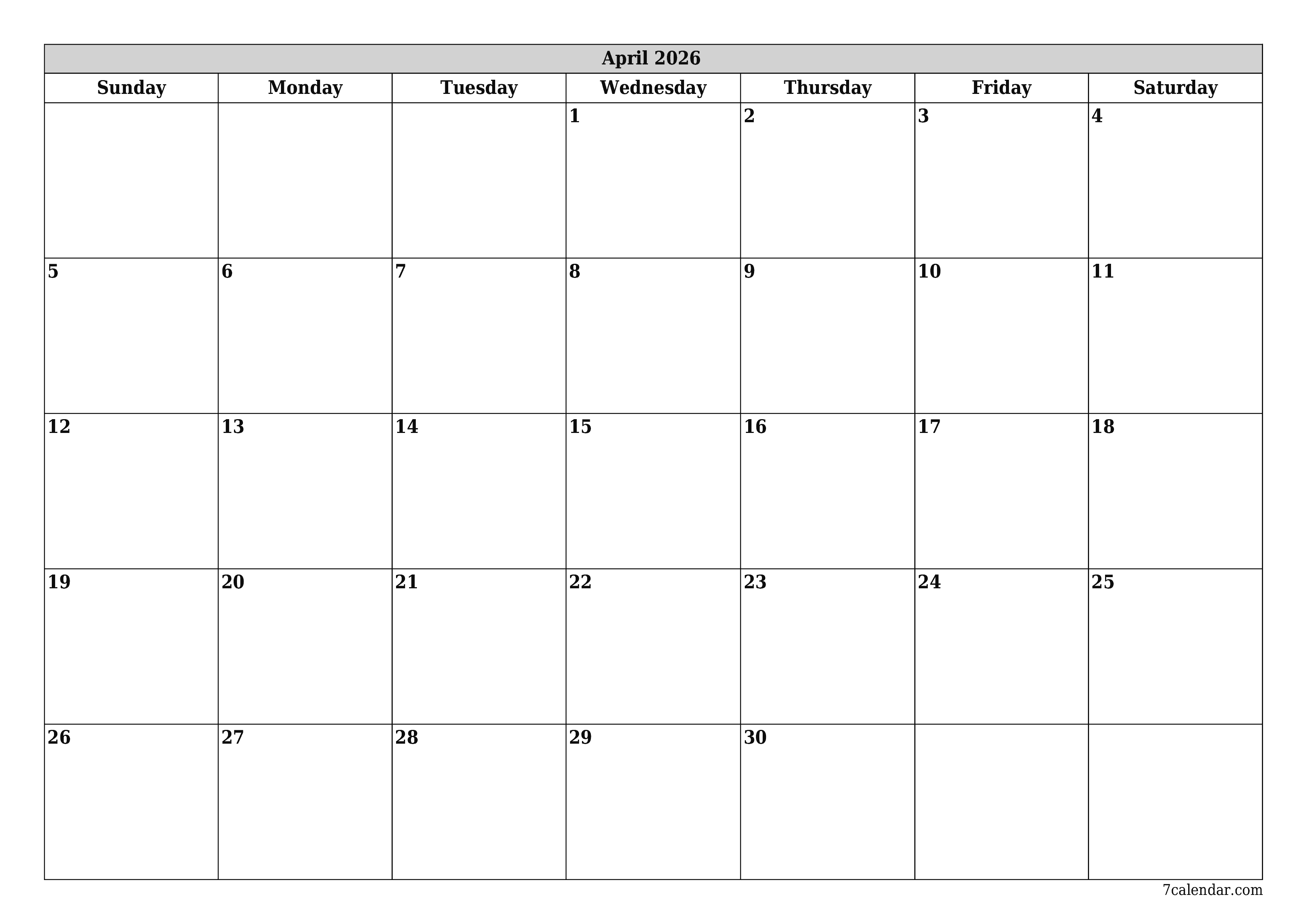 printable wall template free horizontal Monthly planner calendar April (Apr) 2026