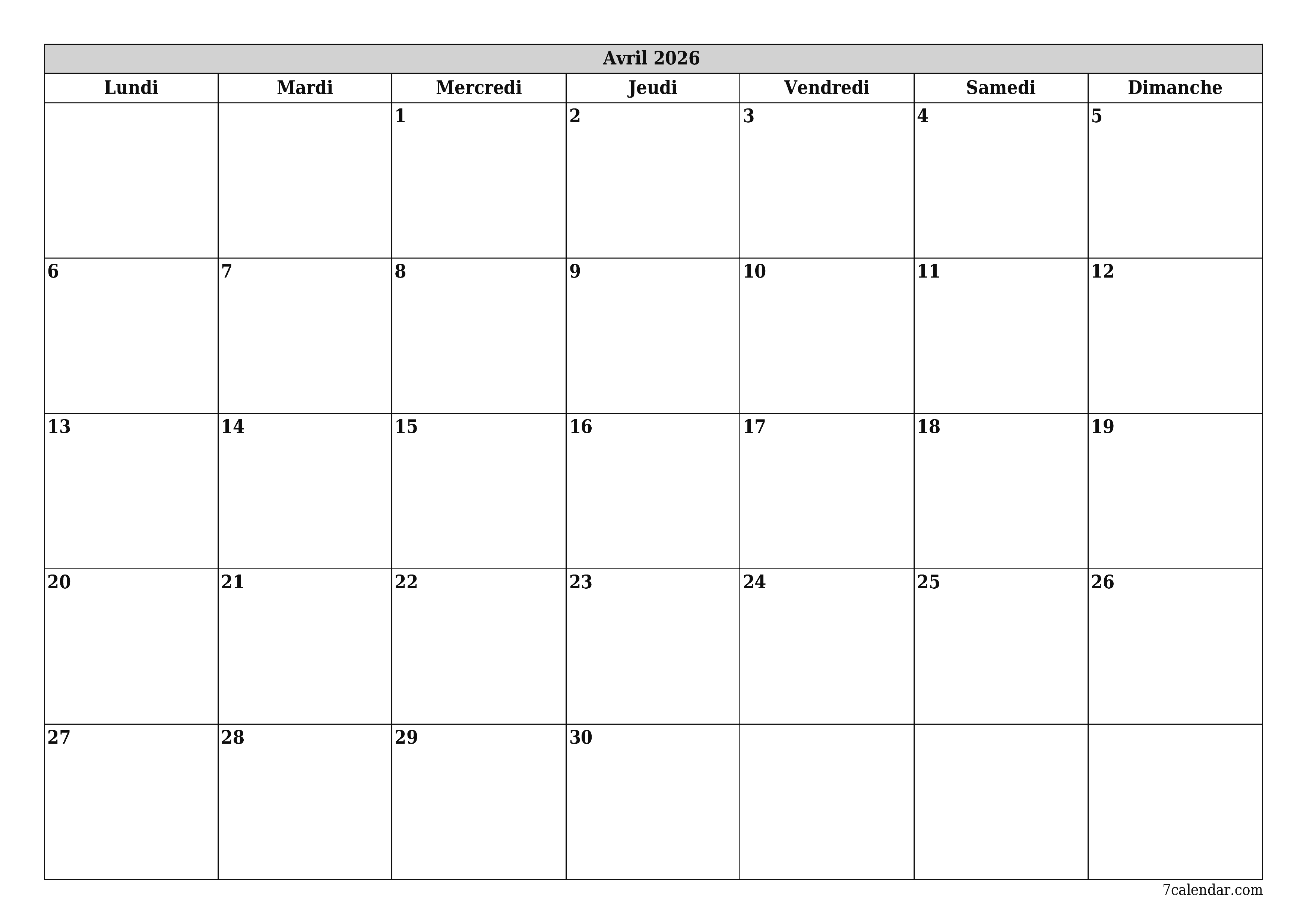Agenda mensuel vide pour le mois Avril 2026 avec notes, enregistrez et imprimez au format PDF PNG French