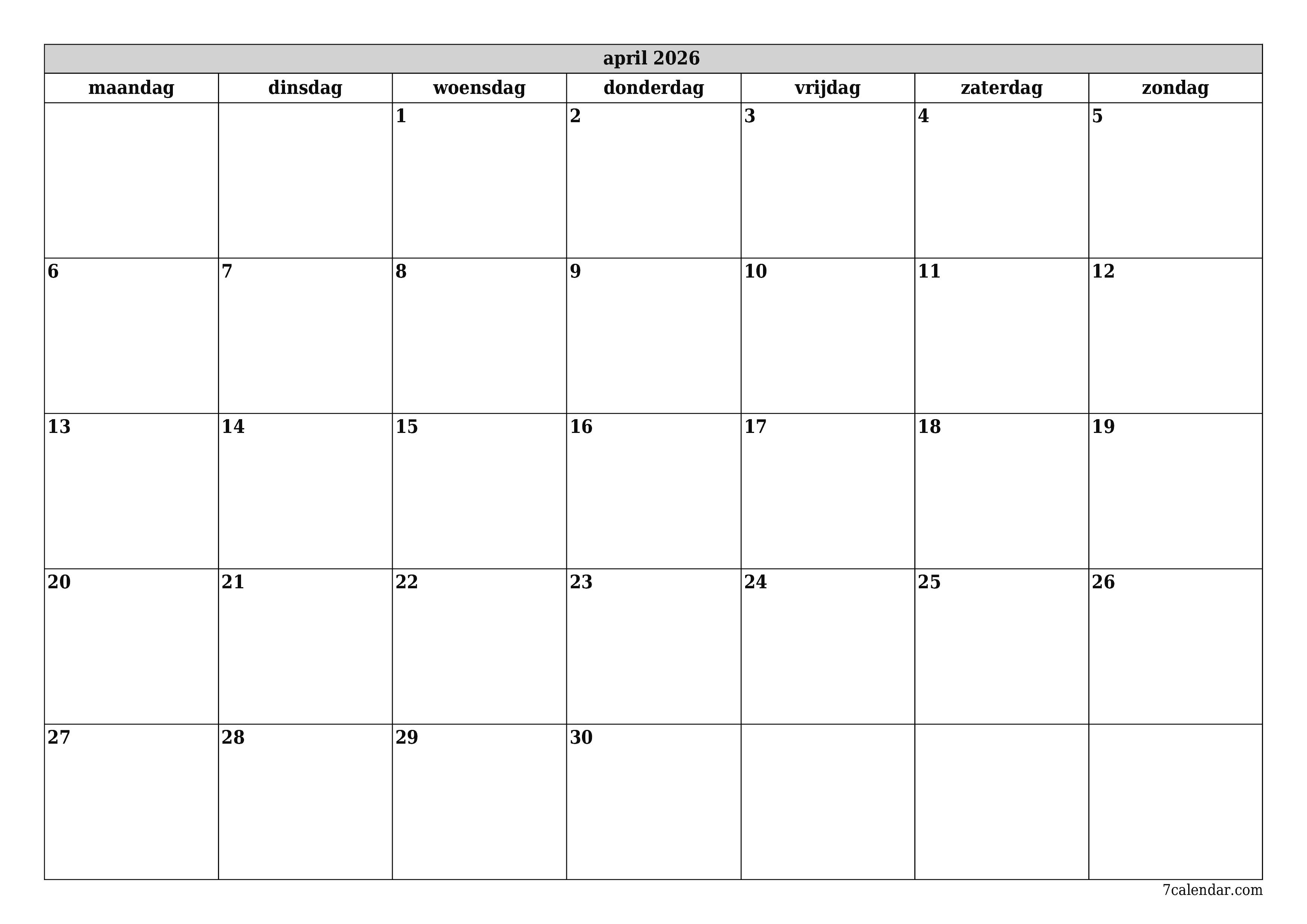 Lege maandplanner voor maand april 2026 met notities, opslaan en afdrukken naar pdf PNG Dutch
