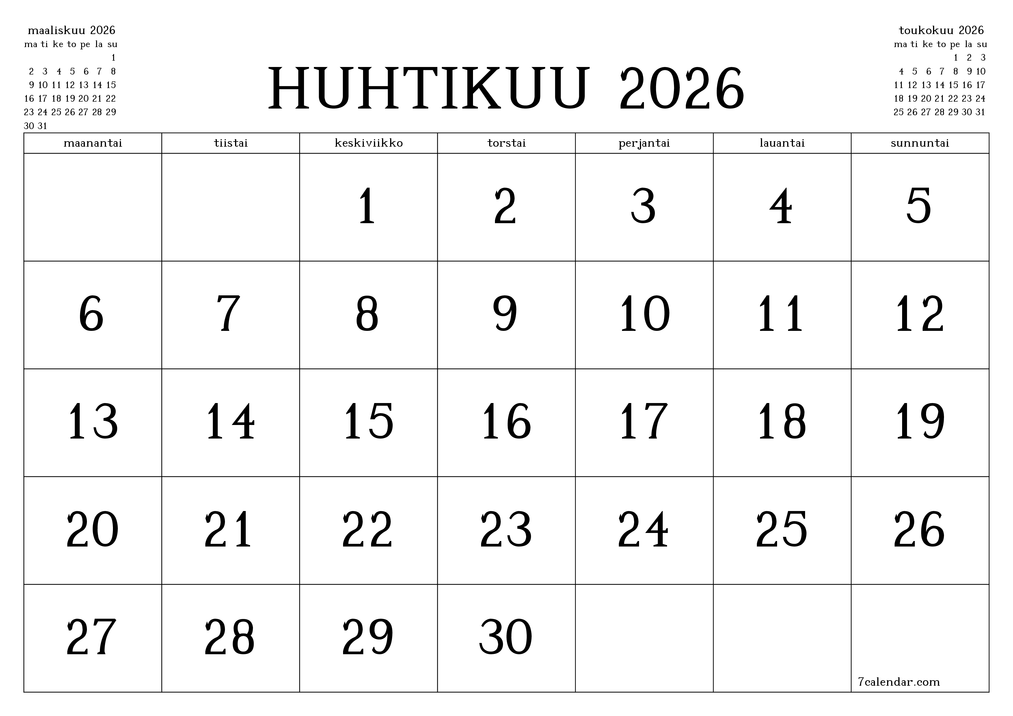 Tyhjennä kuukausittainen suunnittelija kuukaudelle huhtikuu 2026 muistiinpanoilla, tallenna ja tulosta PDF-muotoon PNG Finnish