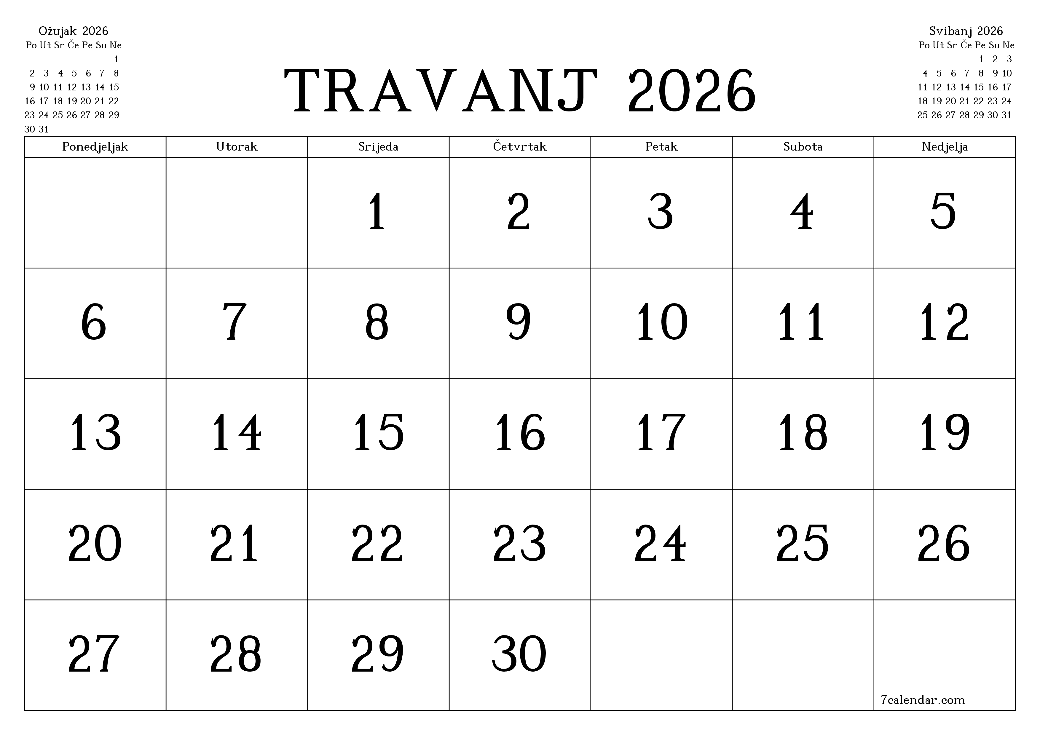 Ispraznite mjesečni planer za mjesec Travanj 2026 s bilješkama, spremite i ispišite u PDF PNG Croatian