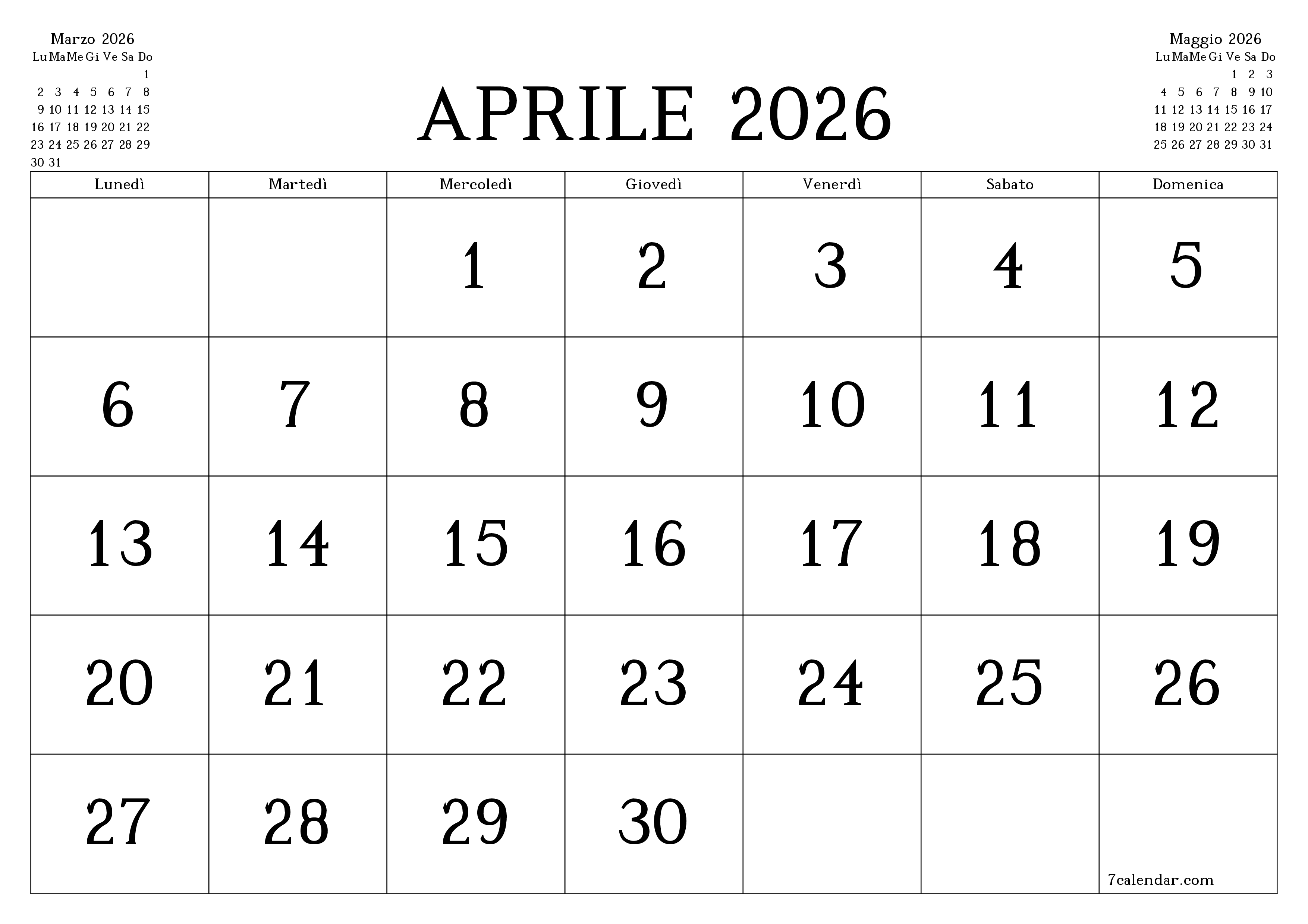 Pianificatore mensile vuoto per il mese Aprile 2026 con note, salva e stampa in PDF PNG Italian