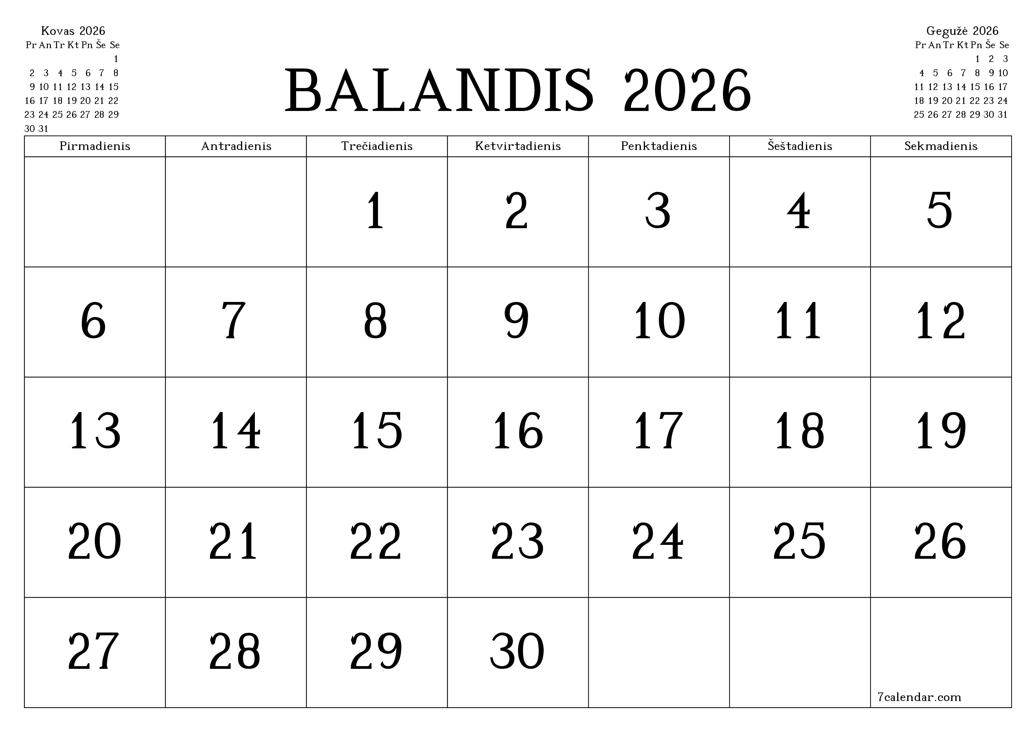 Ištuštinti mėnesio Balandis 2026 mėnesio planavimo priemonę su užrašais, išsaugoti ir atsispausdinti PDF formate PNG Lithuanian