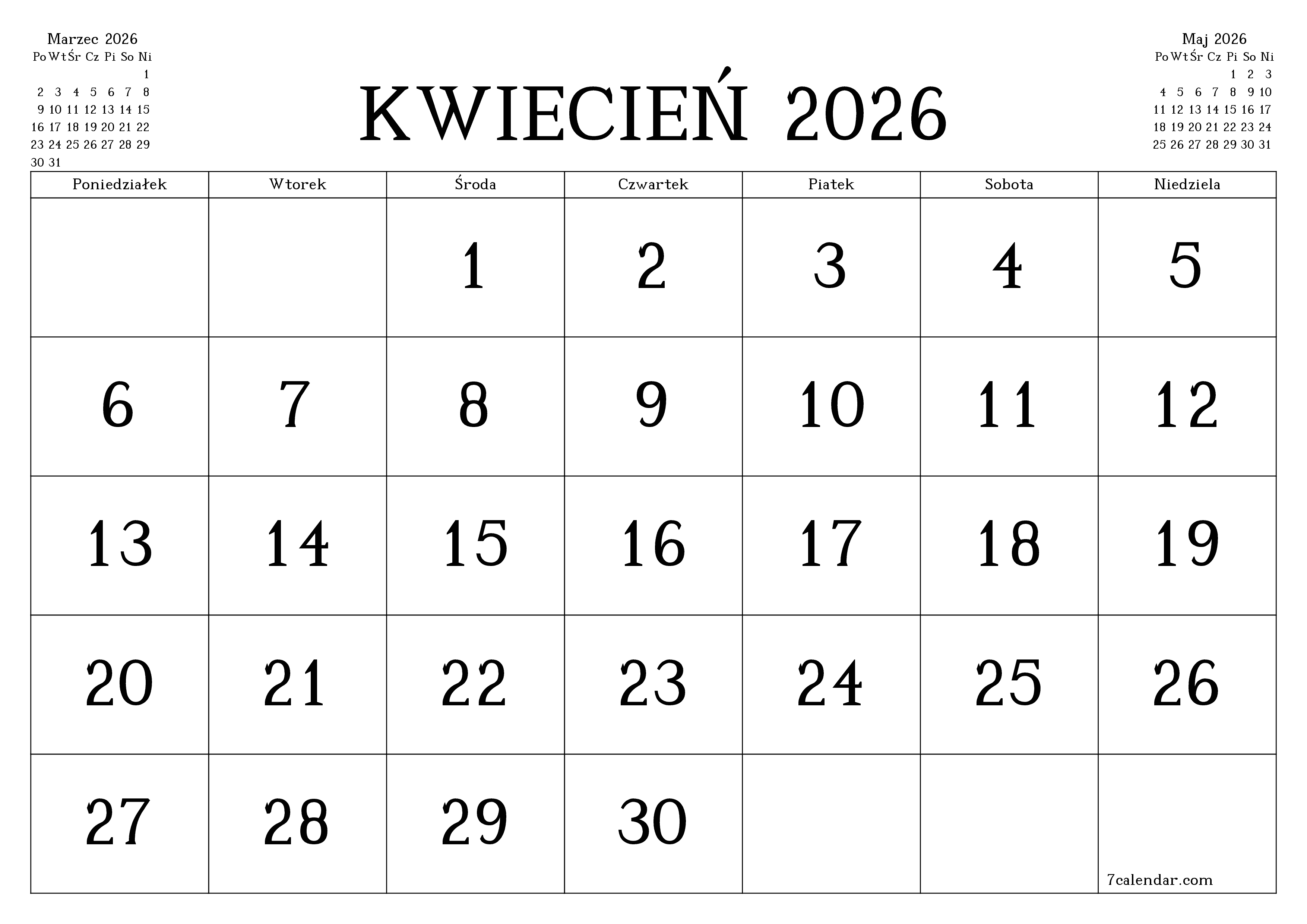 Opróżnij miesięczny planer na miesiąc Kwiecień 2026 z notatkami, zapisz i wydrukuj w formacie PDF PNG Polish