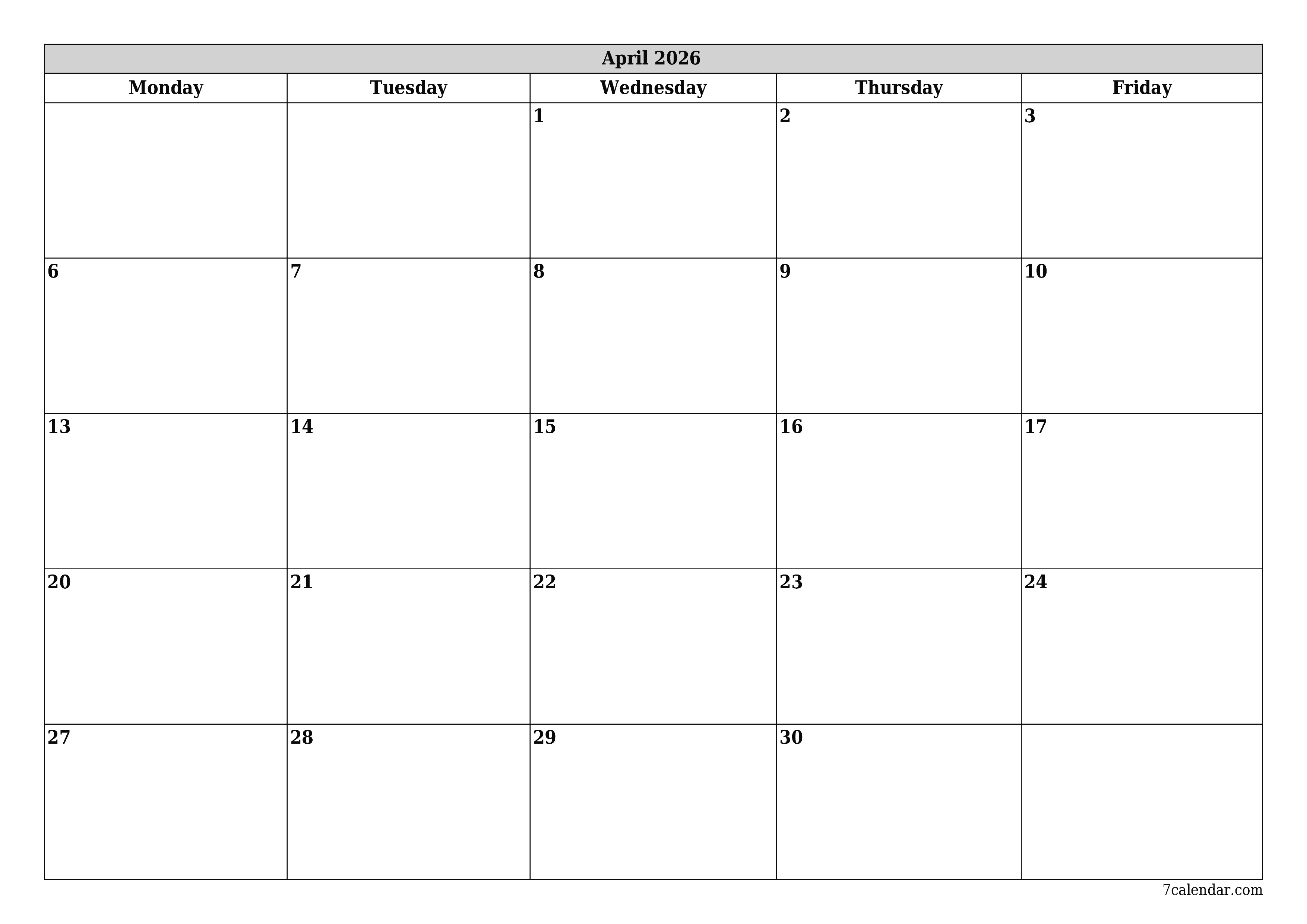 Blank monthly printable calendar and planner for month April 2026 with notes save and print to PDF PNG English