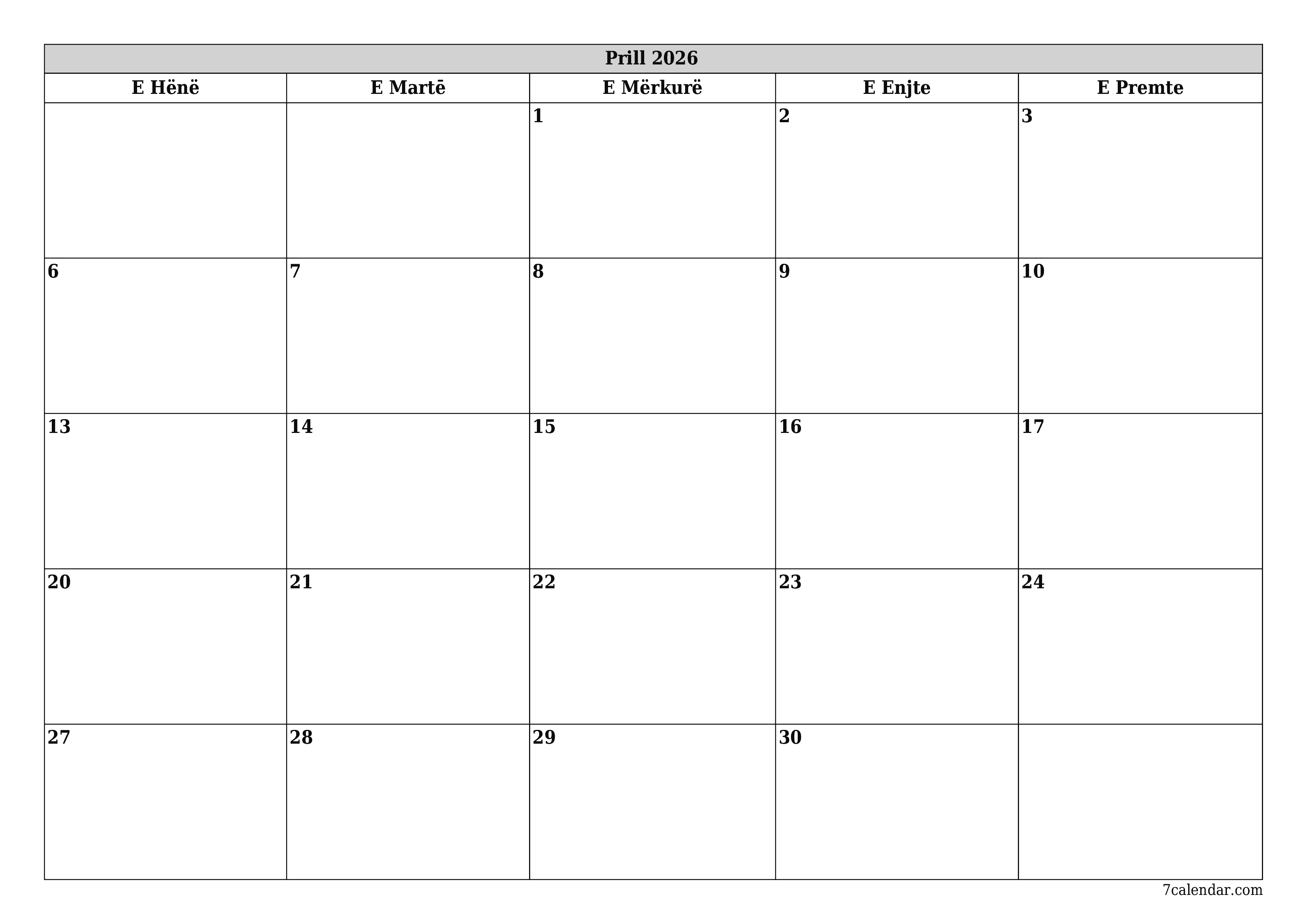 Planifikuesi i zbrazët i kalendarit mujor për muajin Prill 2026 me shënime të ruajtura dhe të printuara në PDF PNG Albanian
