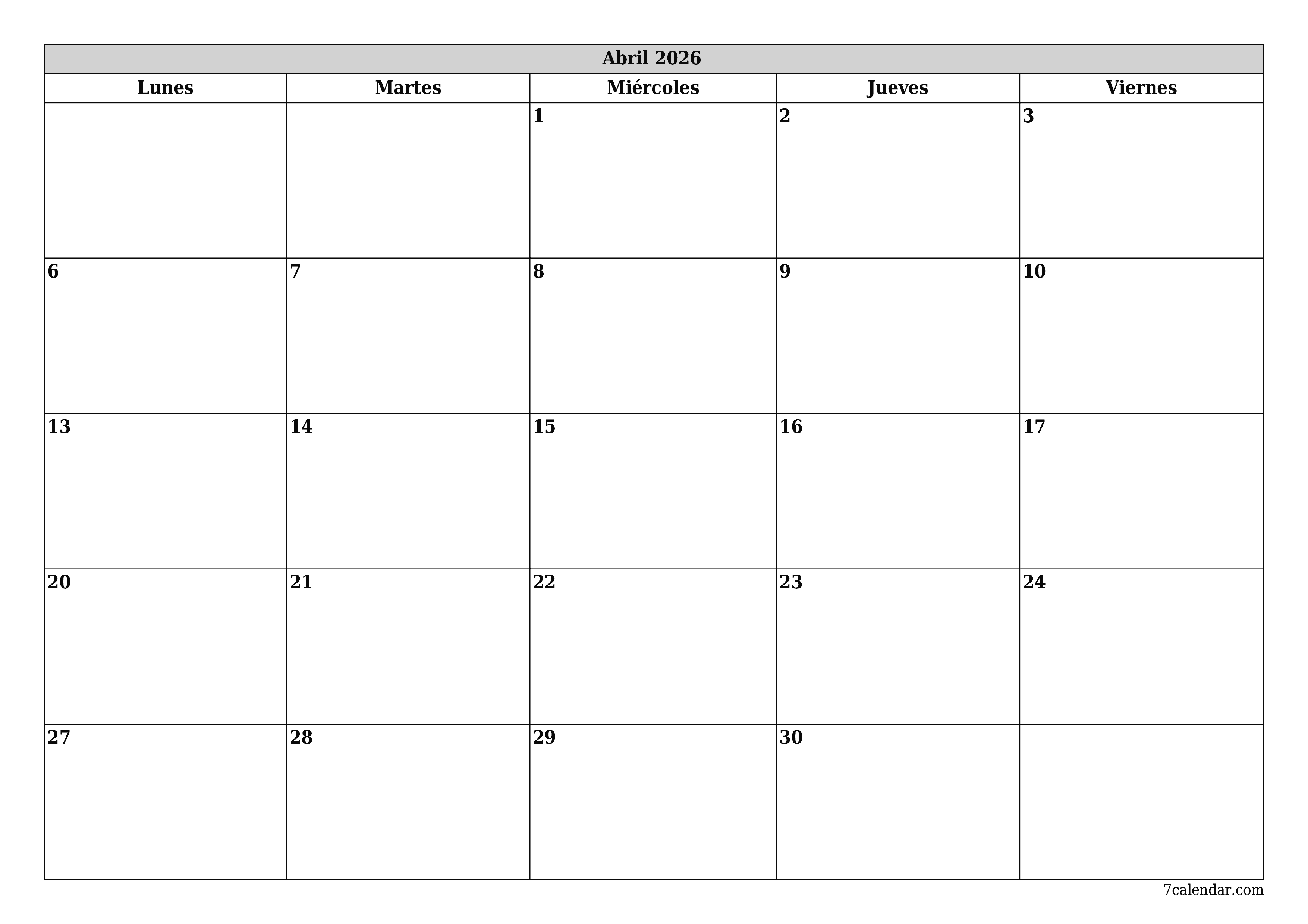 Planificador mensual vacío para el mes Abril 2026 con notas, guardar e imprimir en PDF PNG Spanish