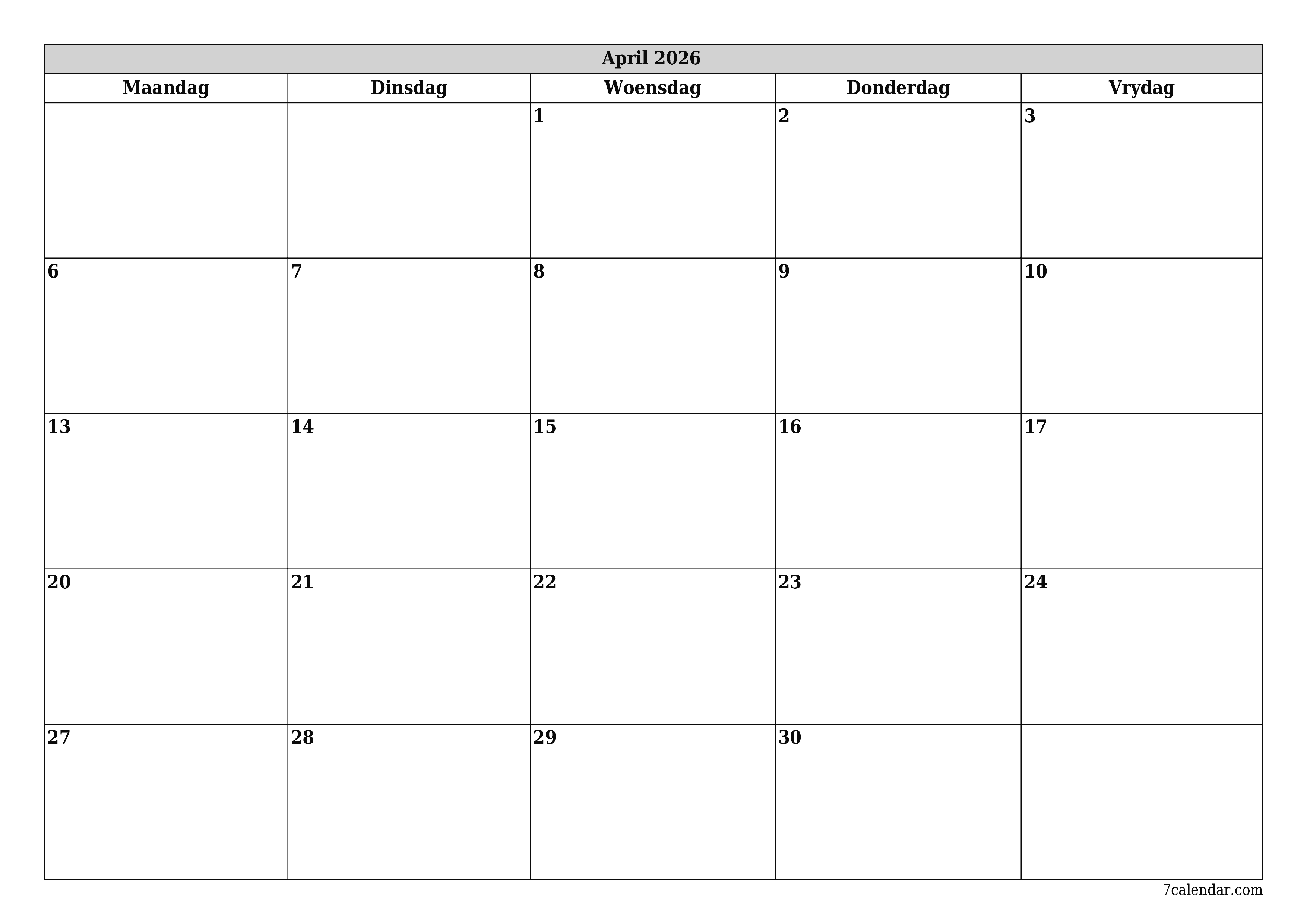 Leë maandelikse drukbare kalender en beplanner vir maand April 2026 met notas stoor en druk na PDF PNG Afrikaans