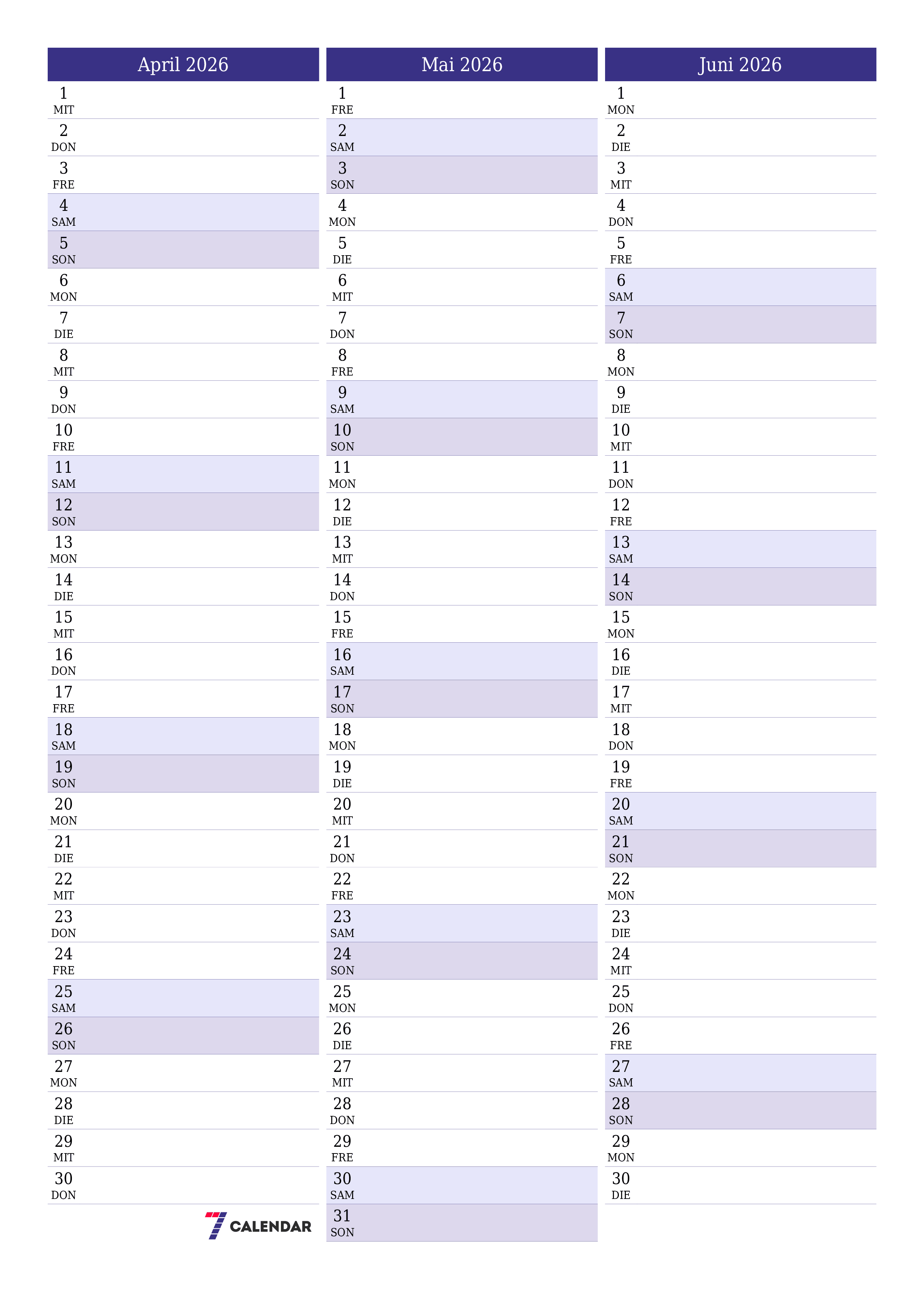 Monatsplaner für Monat April 2026 mit Notizen leeren, speichern und als PDF PNG German - 7calendar.com drucken