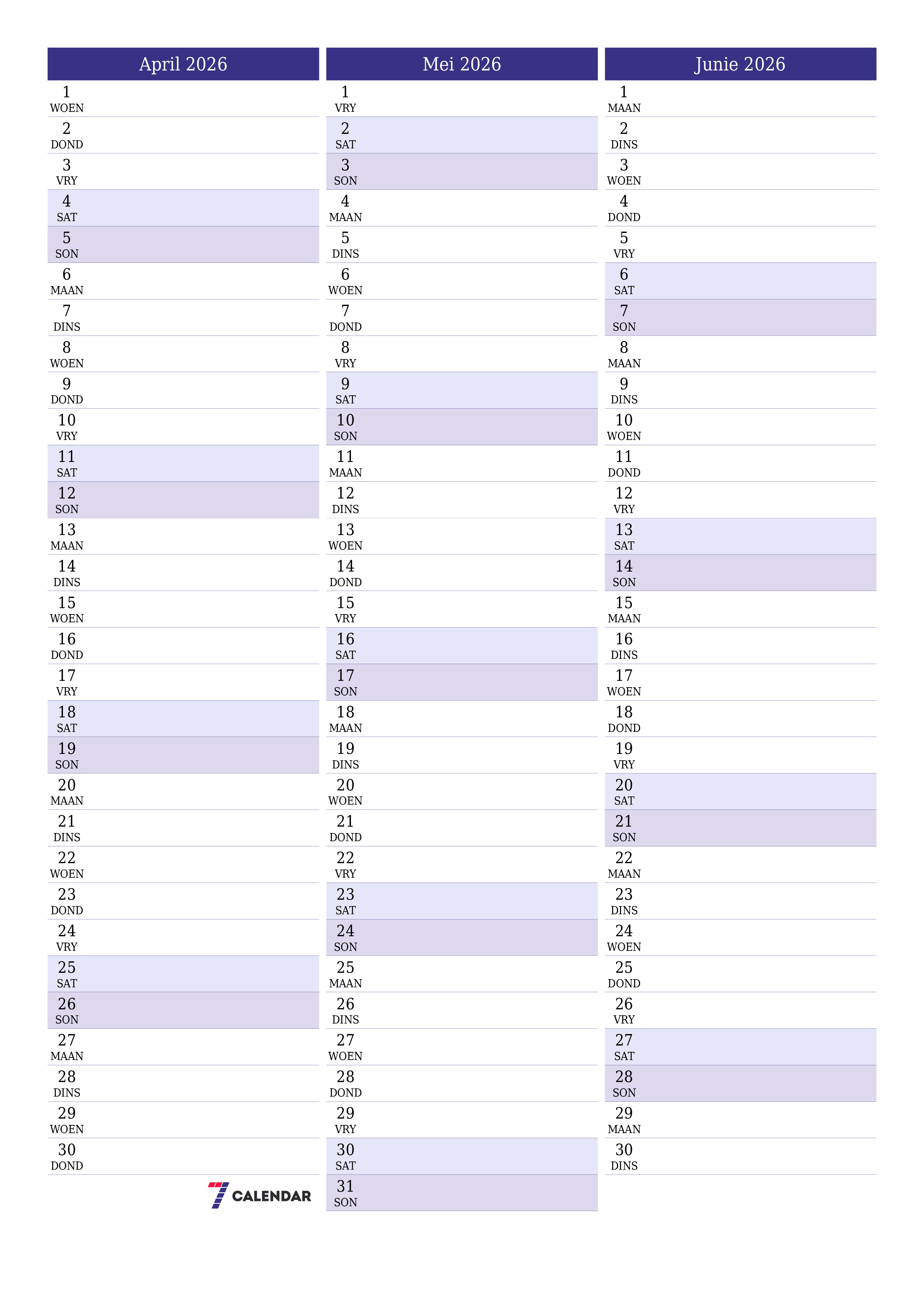 Leë maandelikse drukbare kalender en beplanner vir maand April 2026 met notas stoor en druk na PDF PNG Afrikaans