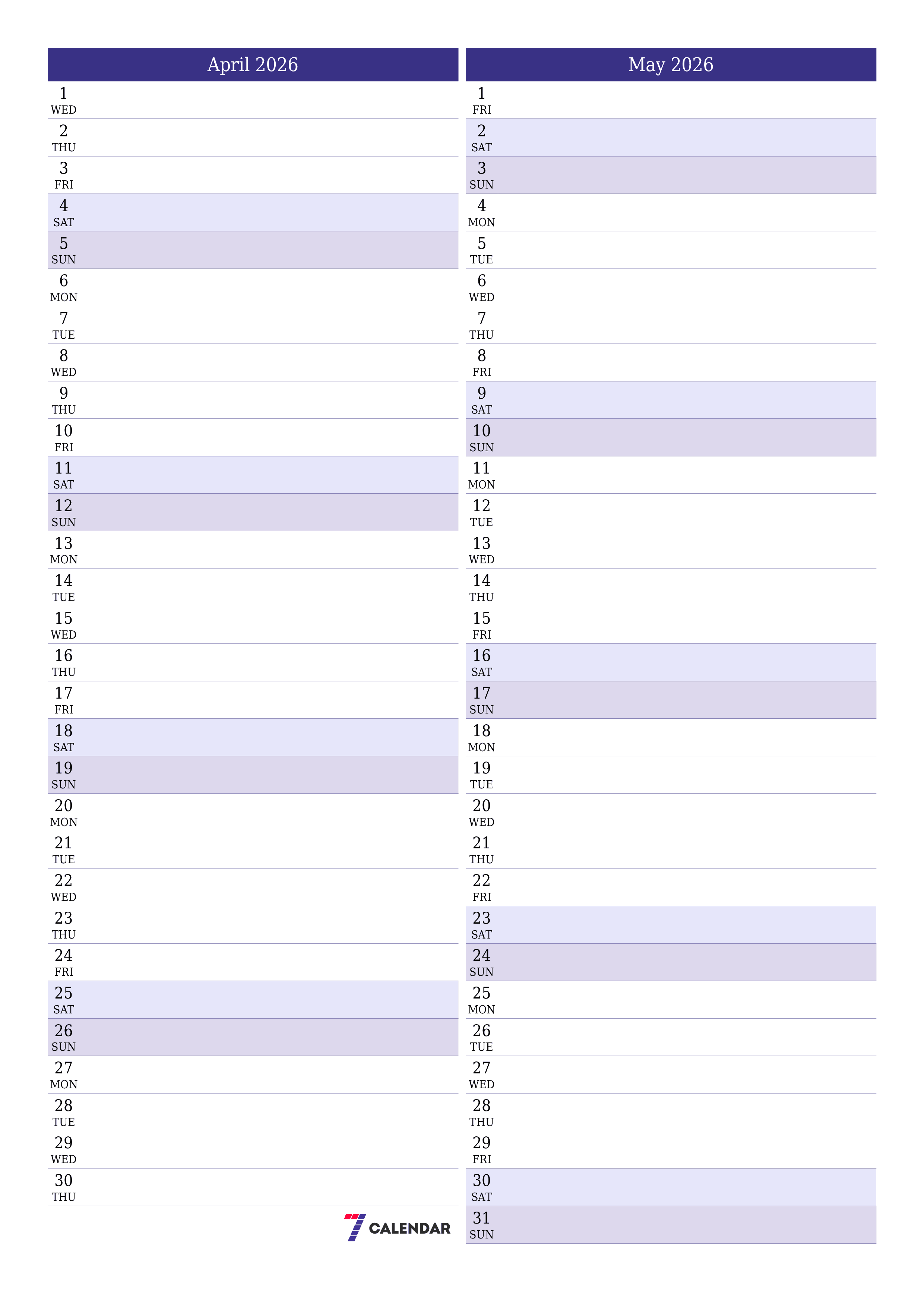 Blank calendar April 2026