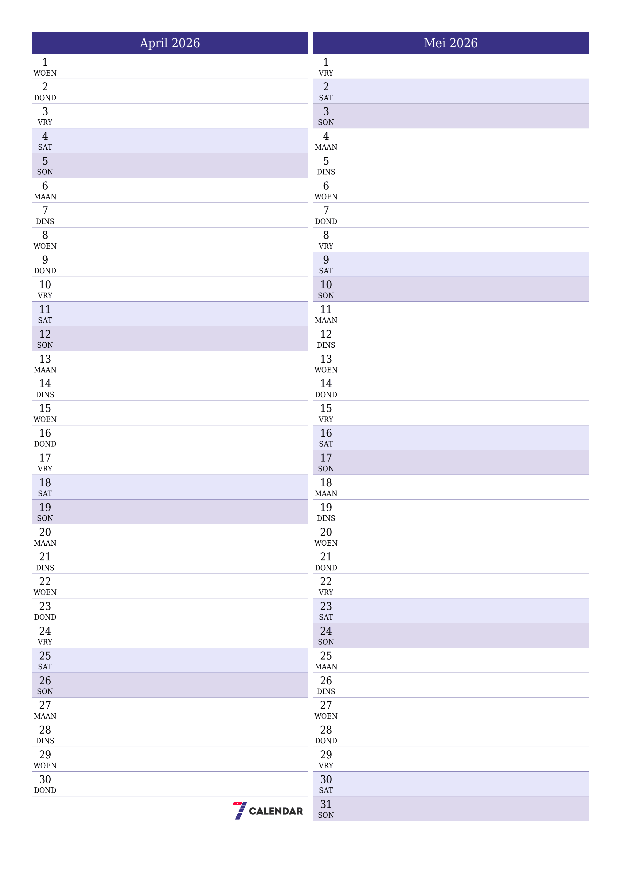 Leë maandelikse drukbare kalender en beplanner vir maand April 2026 met notas stoor en druk na PDF PNG Afrikaans