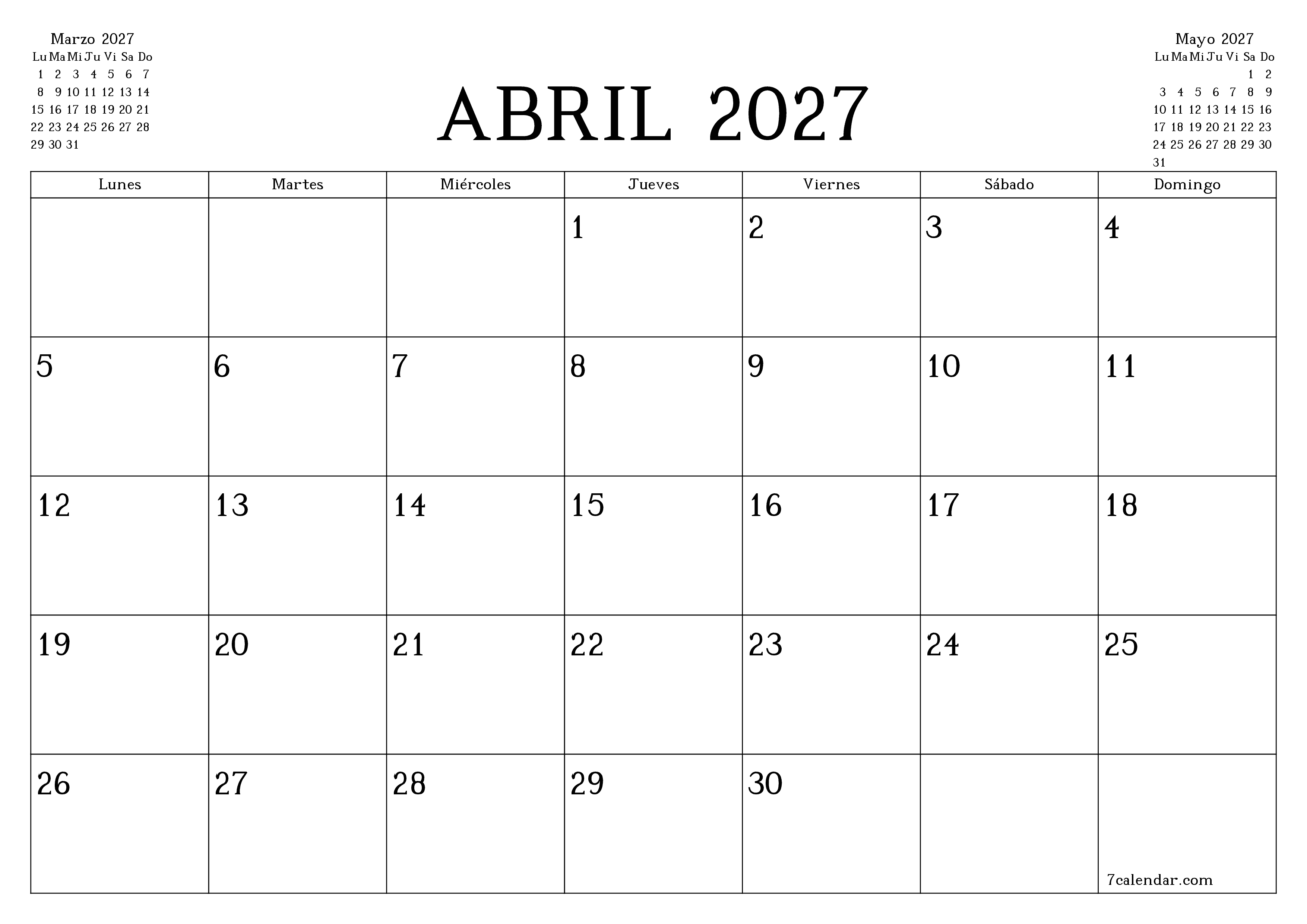 Planificador mensual vacío para el mes Abril 2027 con notas, guardar e imprimir en PDF PNG Spanish