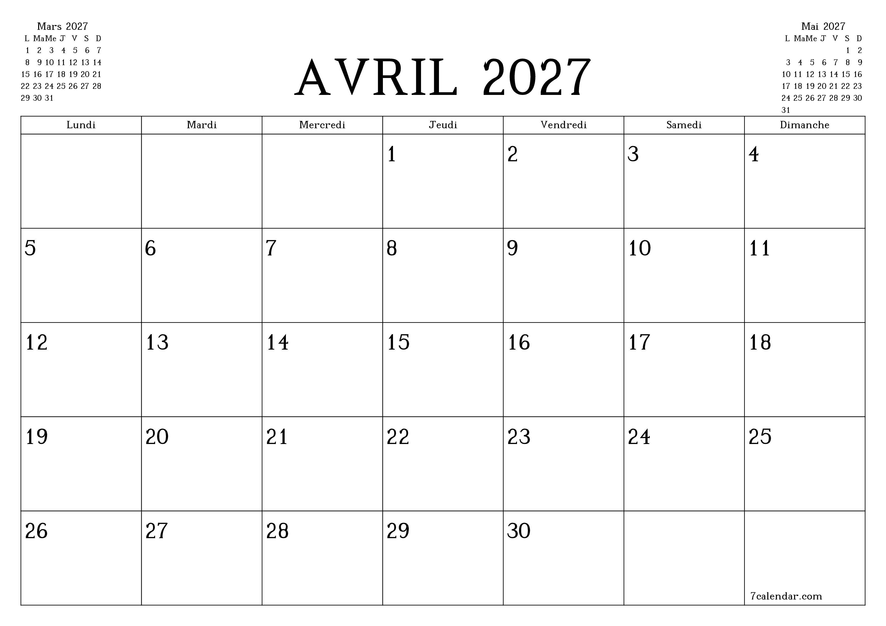 Agenda mensuel vide pour le mois Avril 2027 avec notes, enregistrez et imprimez au format PDF PNG French