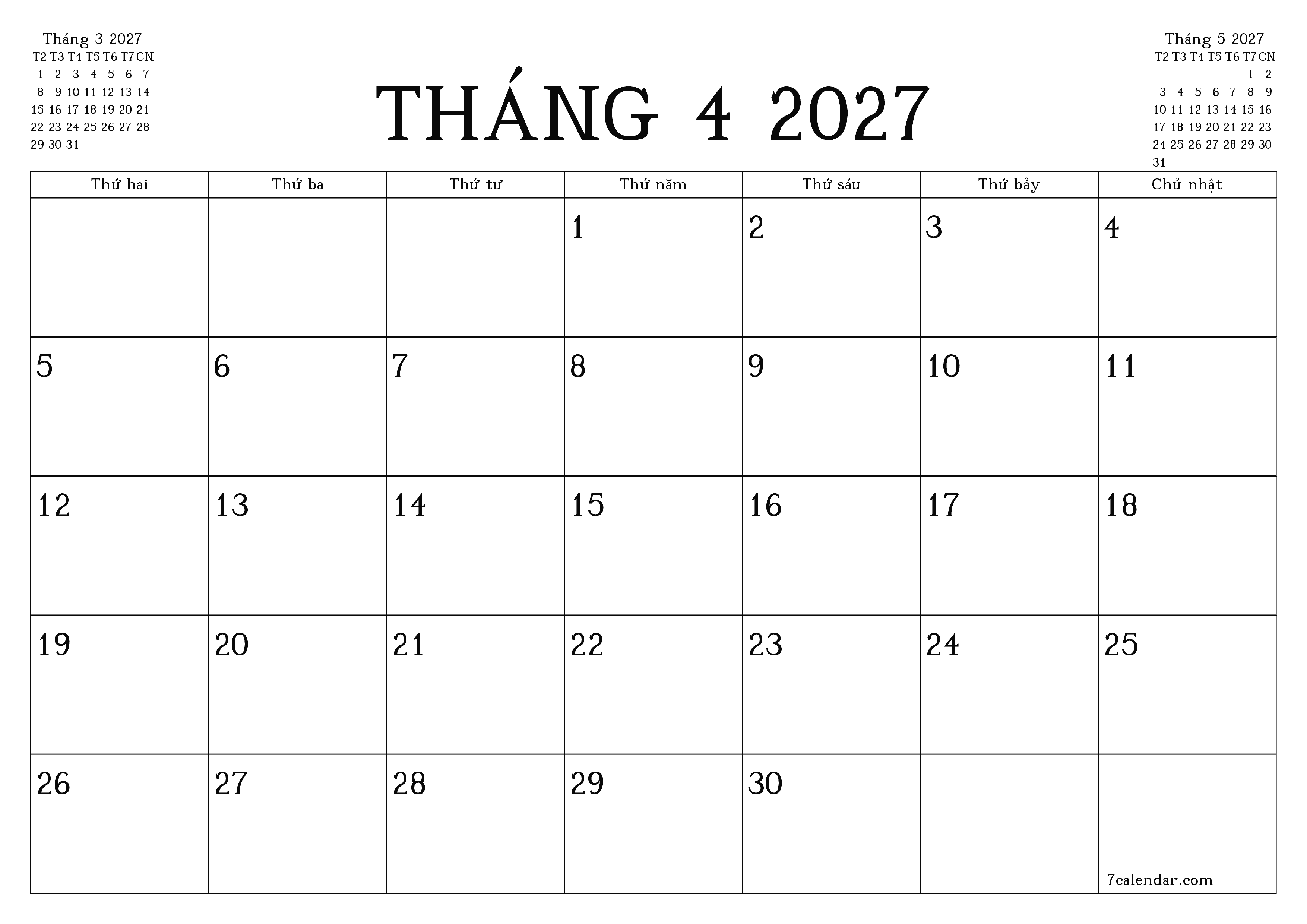 Công cụ lập kế hoạch hàng tháng trống cho tháng Tháng 4 2027 có ghi chú, lưu và in sang PDF PNG Vietnamese