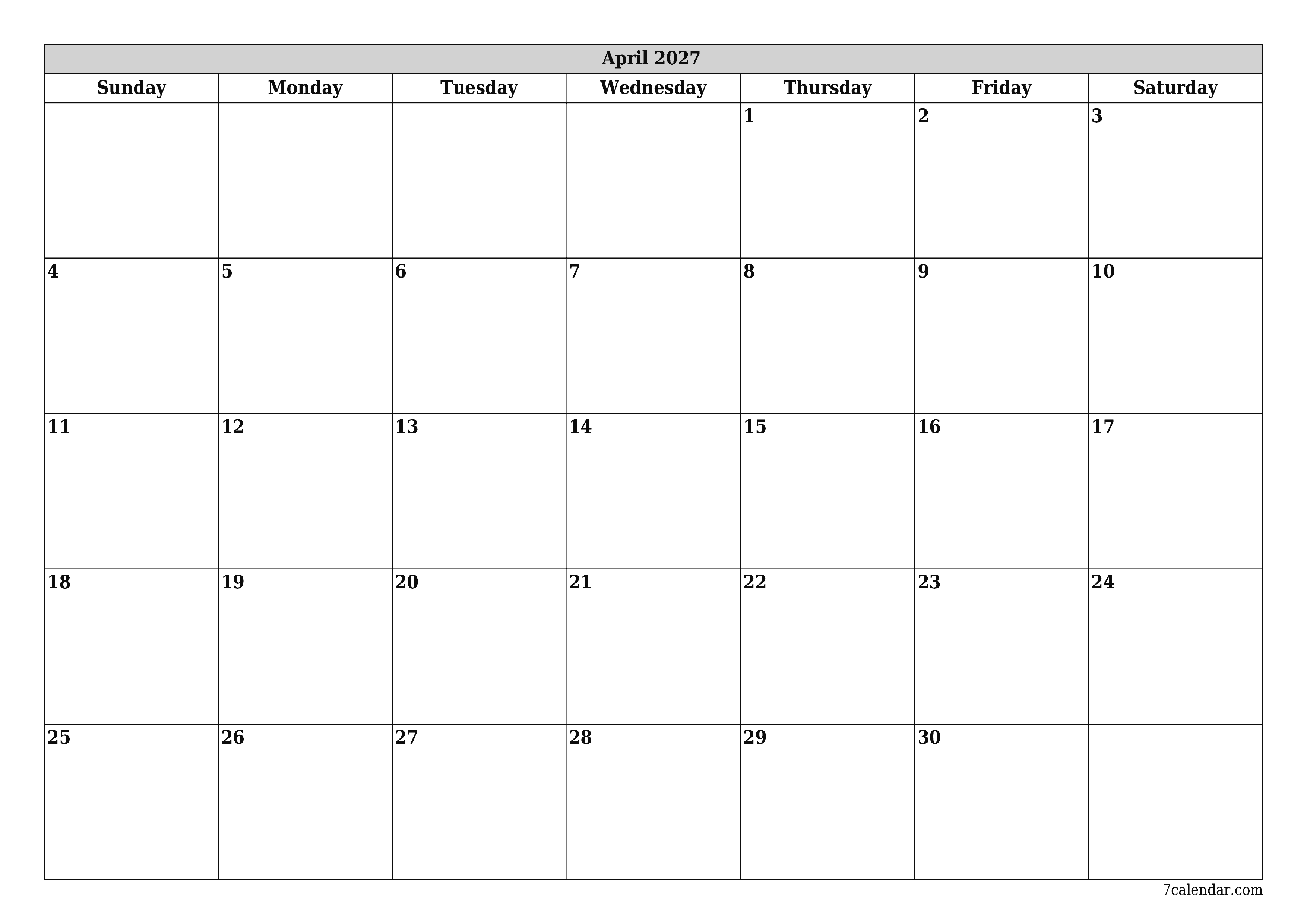 Blank calendar April 2027
