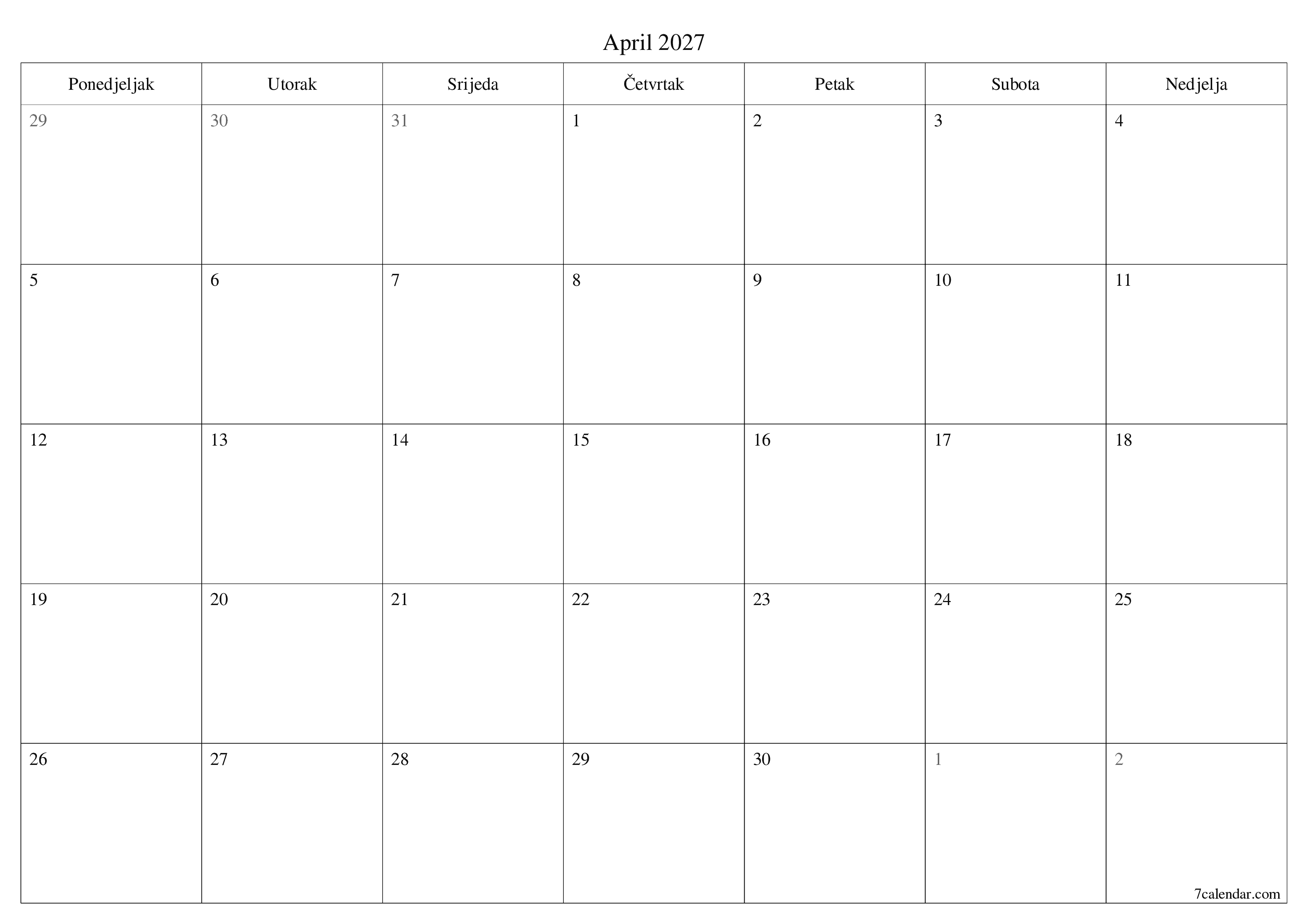 Ispraznite mjesečni planer za mjesec April 2027 s bilješkama, spremite i ispišite u PDF PNG Bosnian