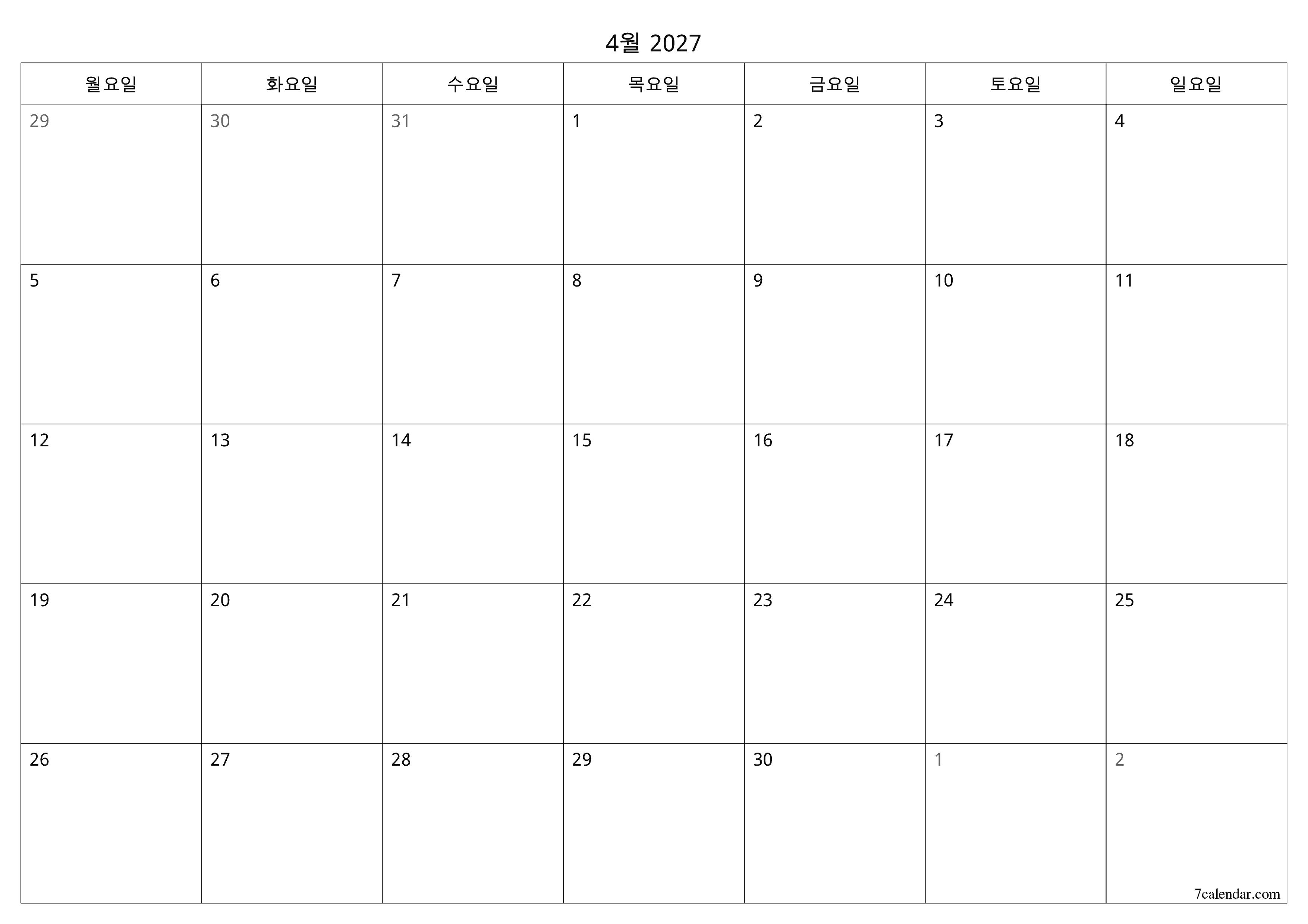 메모가있는 4월 2027 월의 월간 플래너 비우기, PDF PNG Korean-7calendar.com으로 저장 및 인쇄