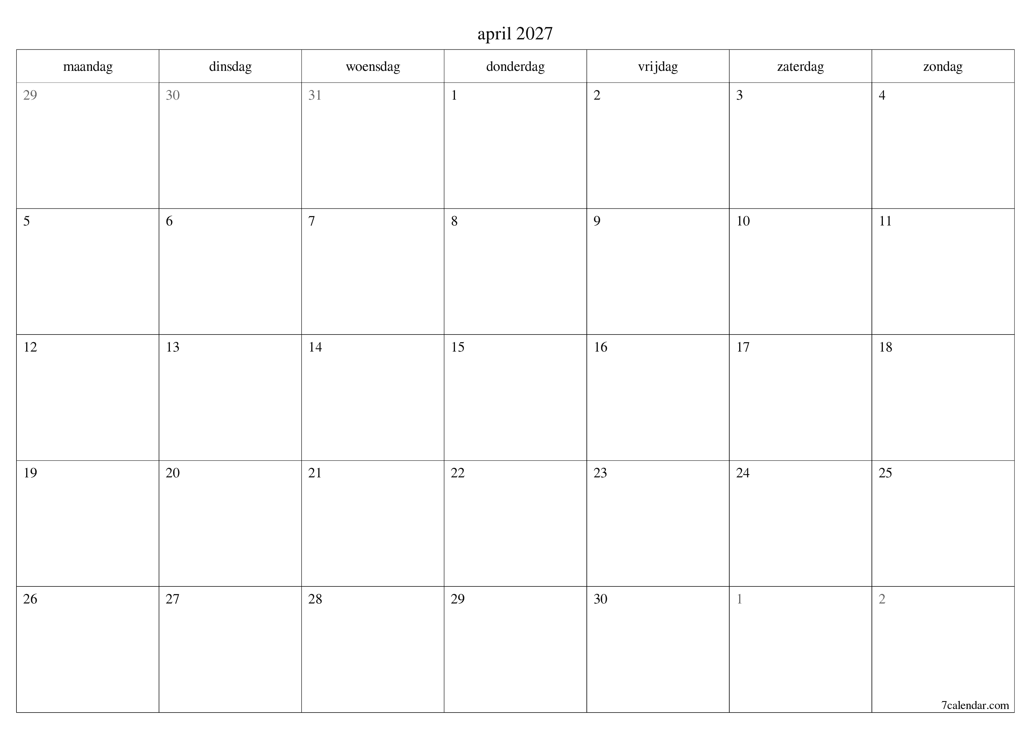 Lege maandplanner voor maand april 2027 met notities, opslaan en afdrukken naar pdf PNG Dutch