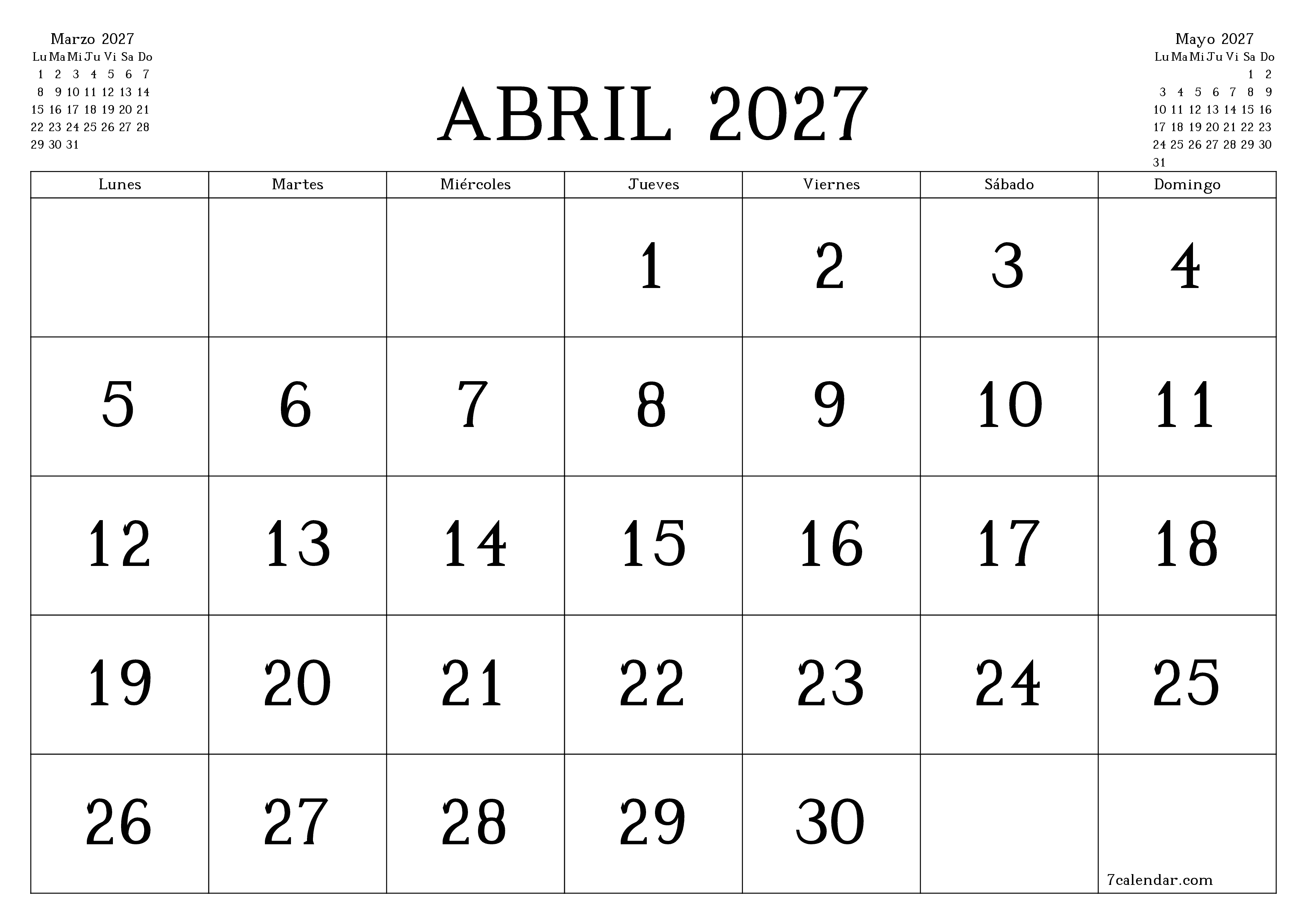 Planificador mensual vacío para el mes Abril 2027 con notas, guardar e imprimir en PDF PNG Spanish