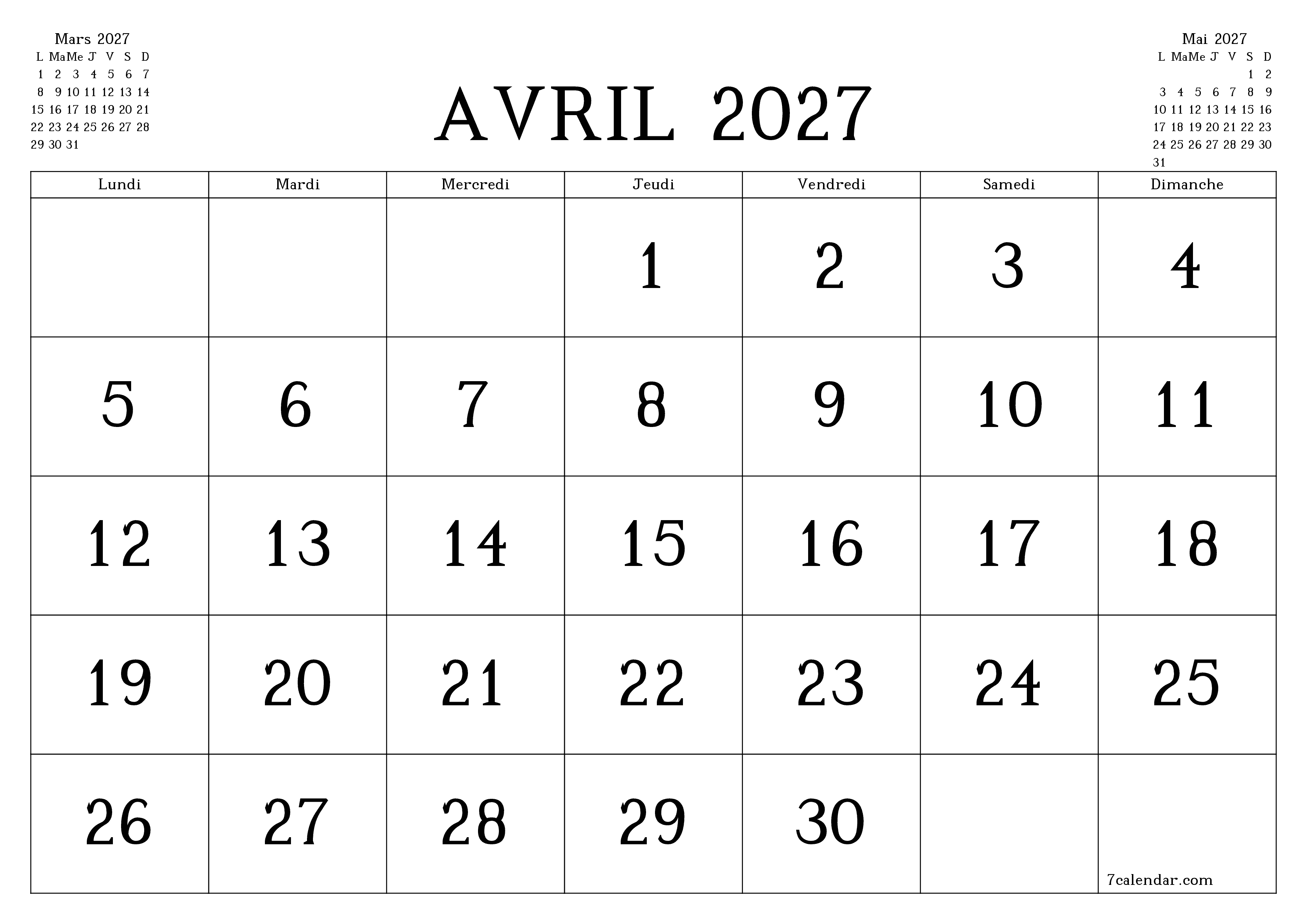 Agenda mensuel vide pour le mois Avril 2027 avec notes, enregistrez et imprimez au format PDF PNG French