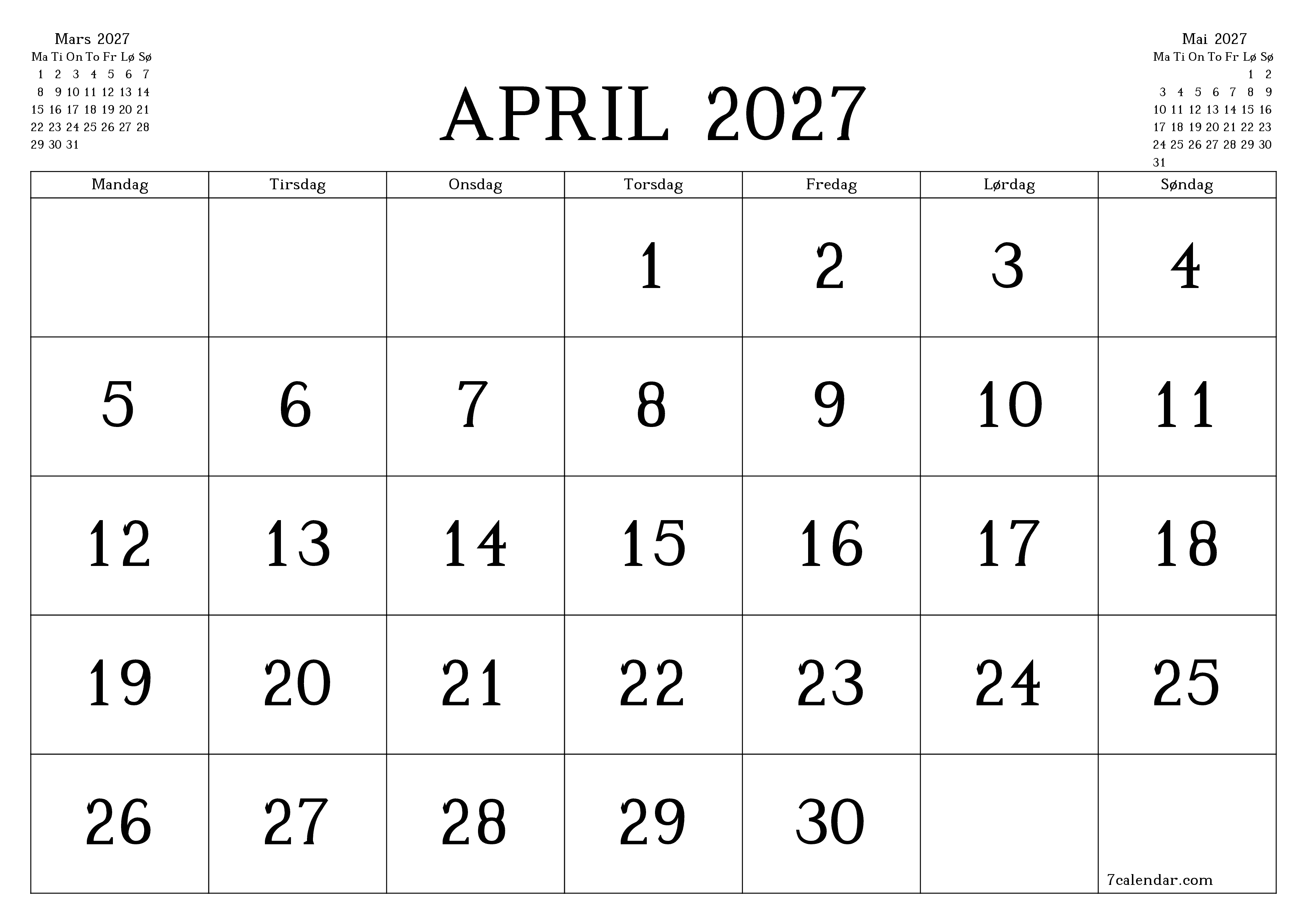 Tom månedlig planlegger for måned April 2027 med notater, lagre og skriv ut til PDF PNG Norwegian