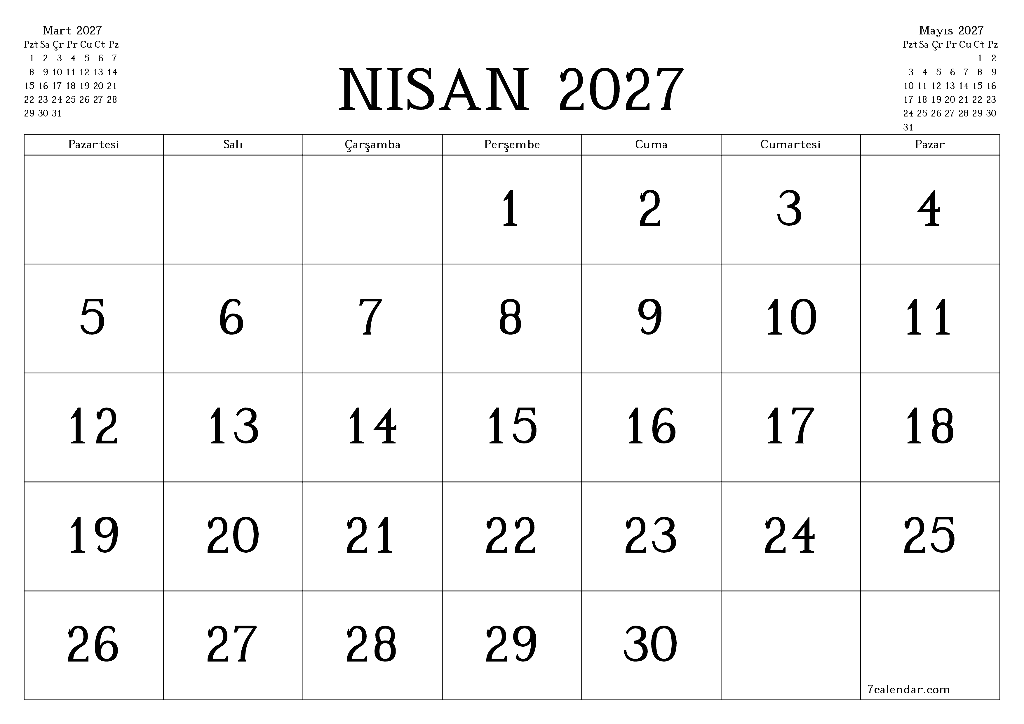 Nisan 2027 ayı için notlarla birlikte boş aylık planlayıcı, kaydedin ve PDF'ye yazdırın PNG Turkish