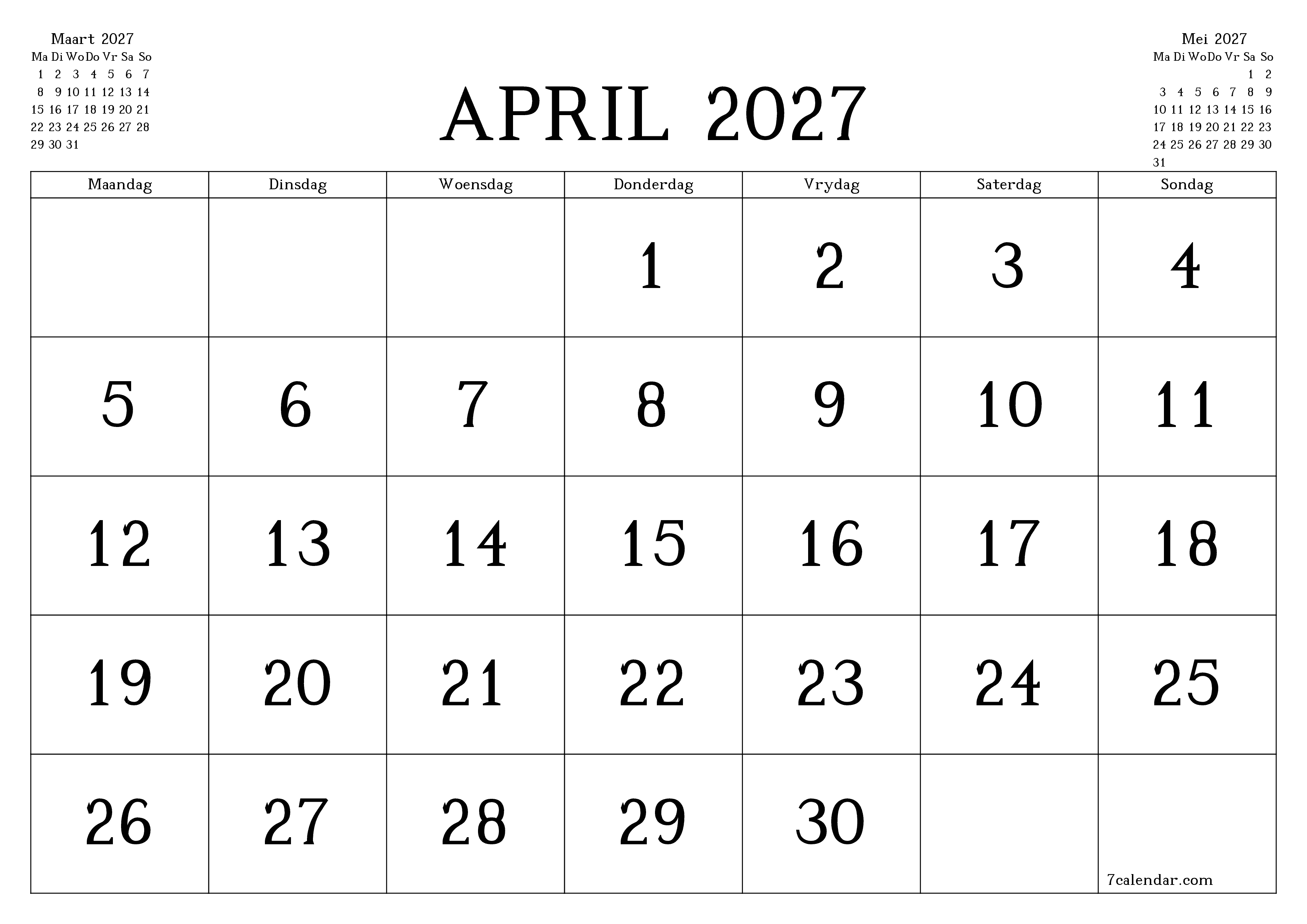 Leë maandelikse drukbare kalender en beplanner vir maand April 2027 met notas stoor en druk na PDF PNG Afrikaans