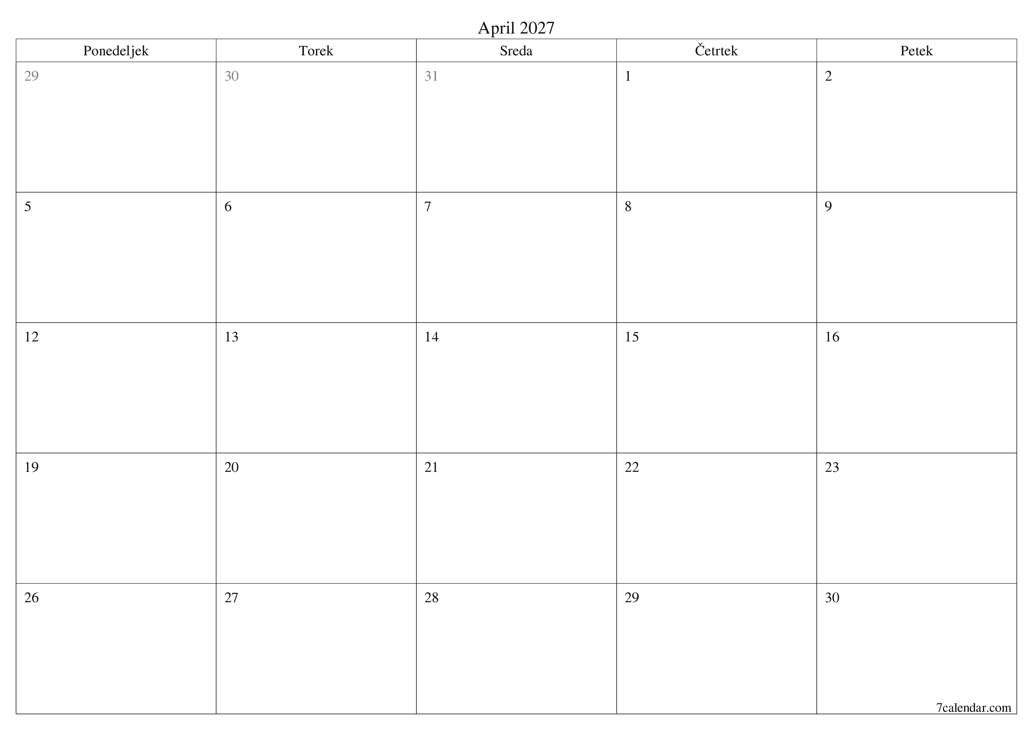 Prazen mesečni načrtovalec koledarja za mesec April 2027 z opombami, natisnjenimi v PDF PNG Slovenian