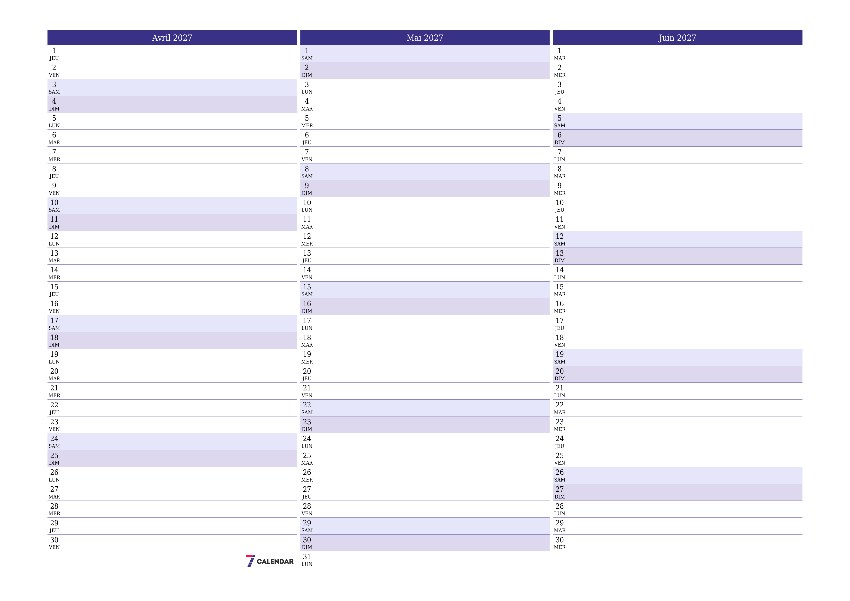 Agenda mensuel vide pour le mois Avril 2027 avec notes, enregistrez et imprimez au format PDF PNG French