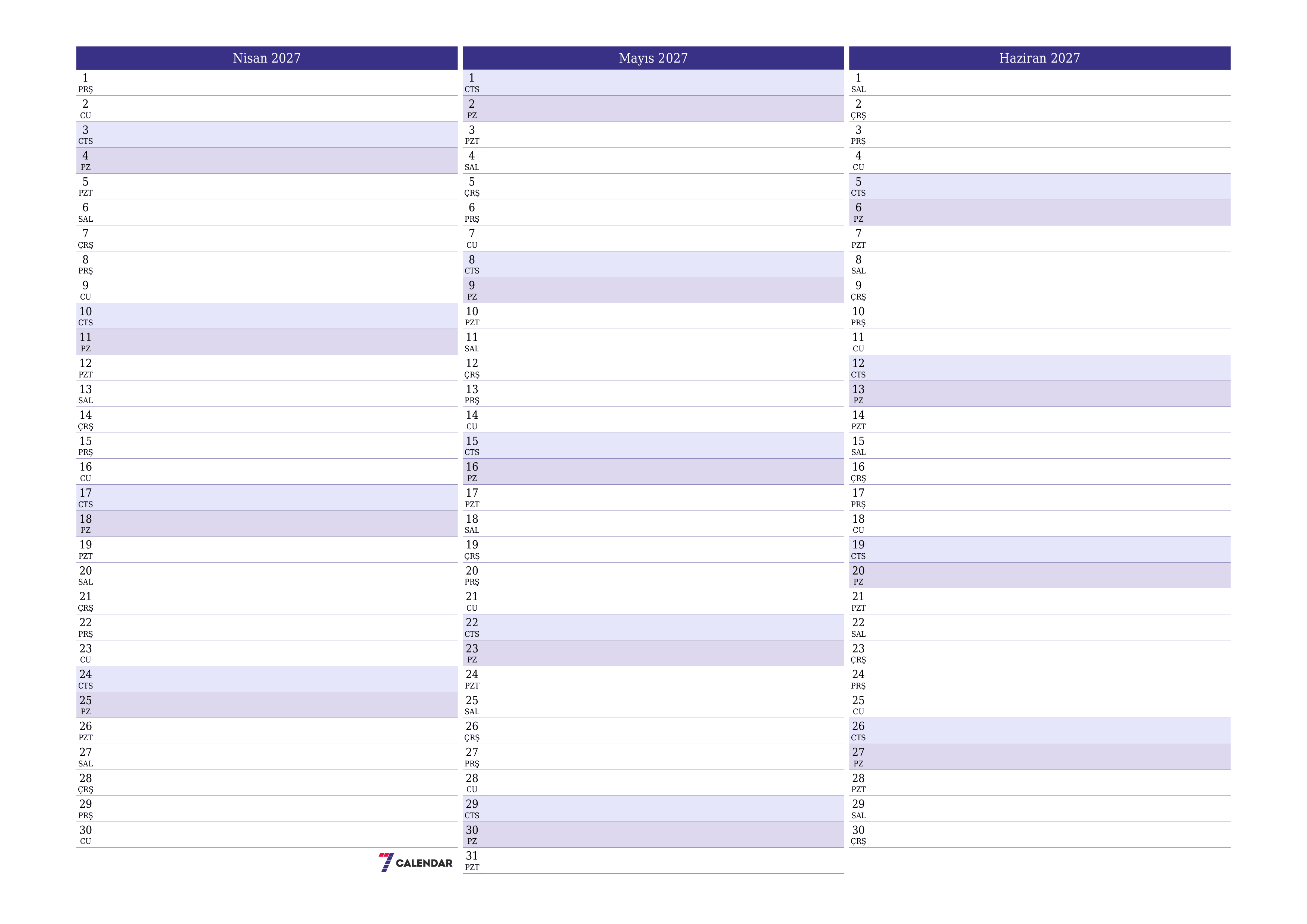 Nisan 2027 ayı için notlarla birlikte boş aylık planlayıcı, kaydedin ve PDF'ye yazdırın PNG Turkish