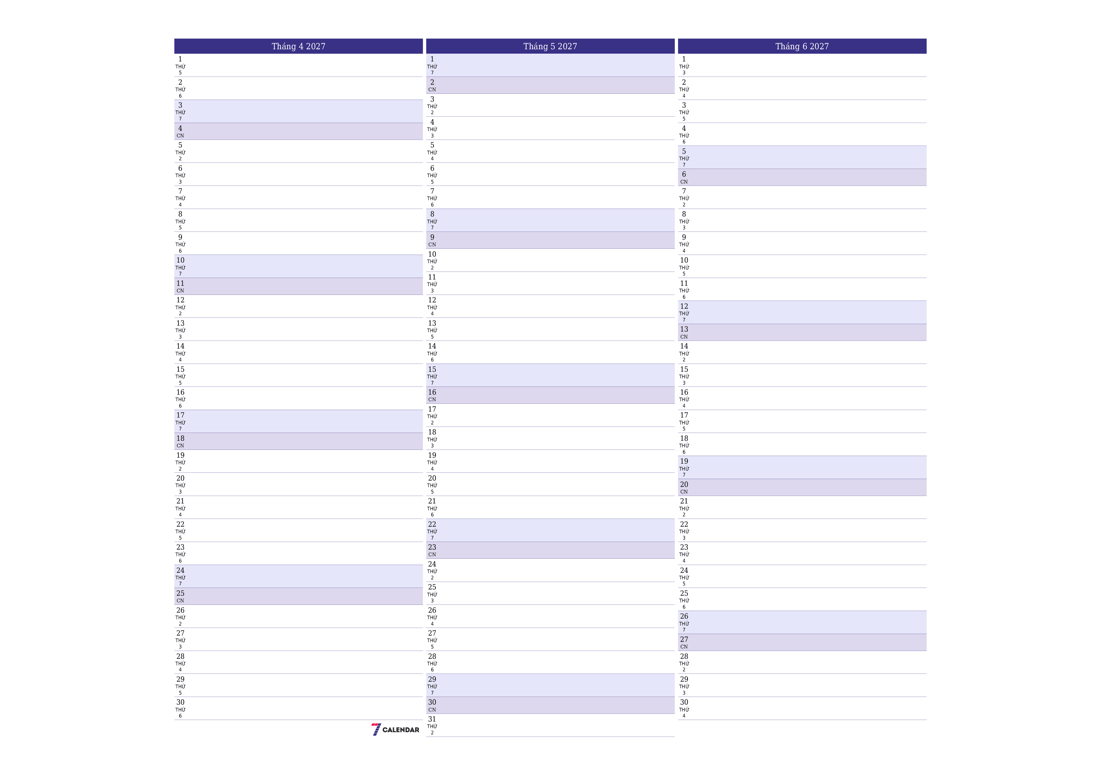 Công cụ lập kế hoạch hàng tháng trống cho tháng Tháng 4 2027 có ghi chú, lưu và in sang PDF PNG Vietnamese