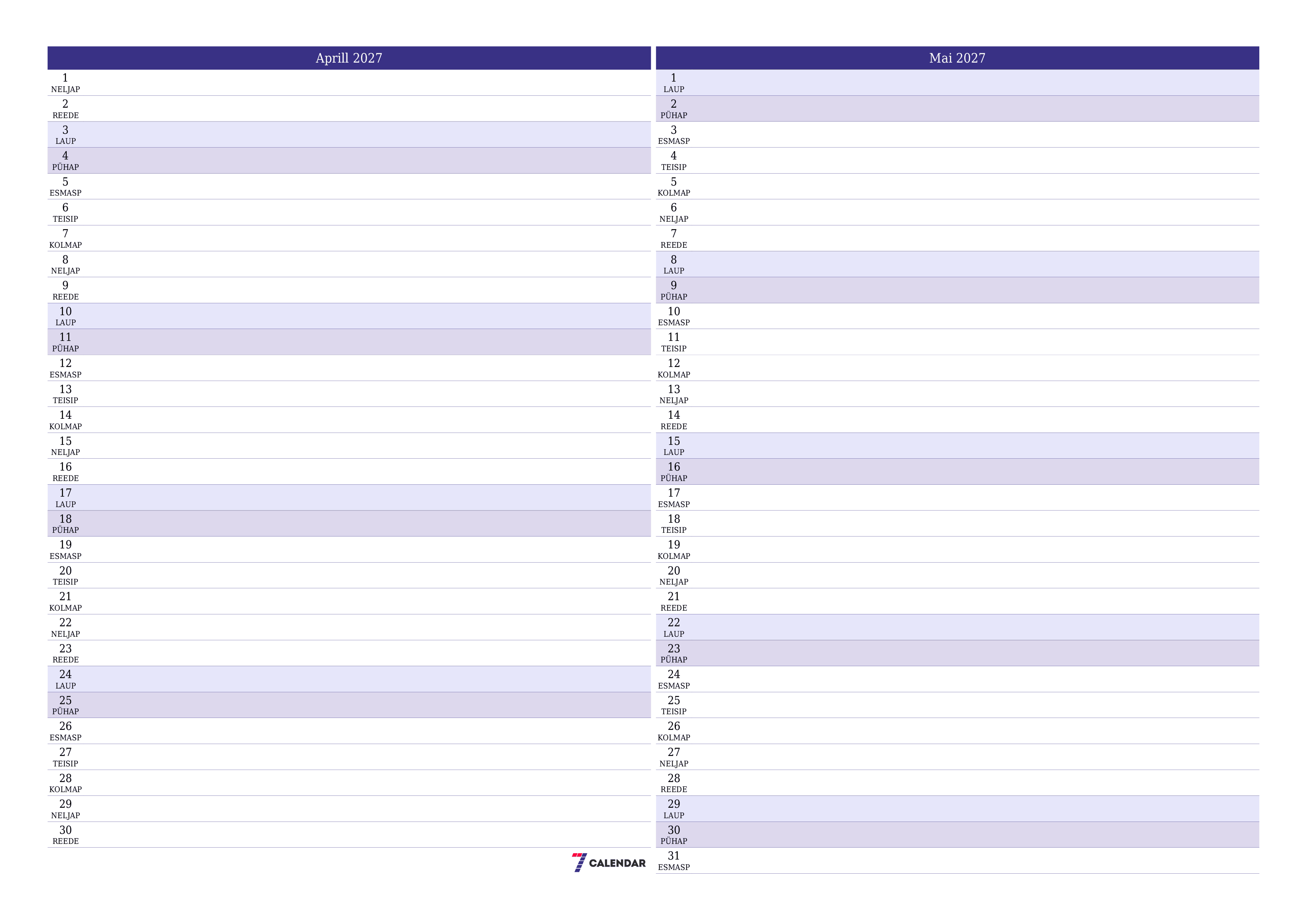 Tühjendage kuu Aprill 2027 kuuplaneerija märkmetega, salvestage ja printige PDF-i PNG Estonian