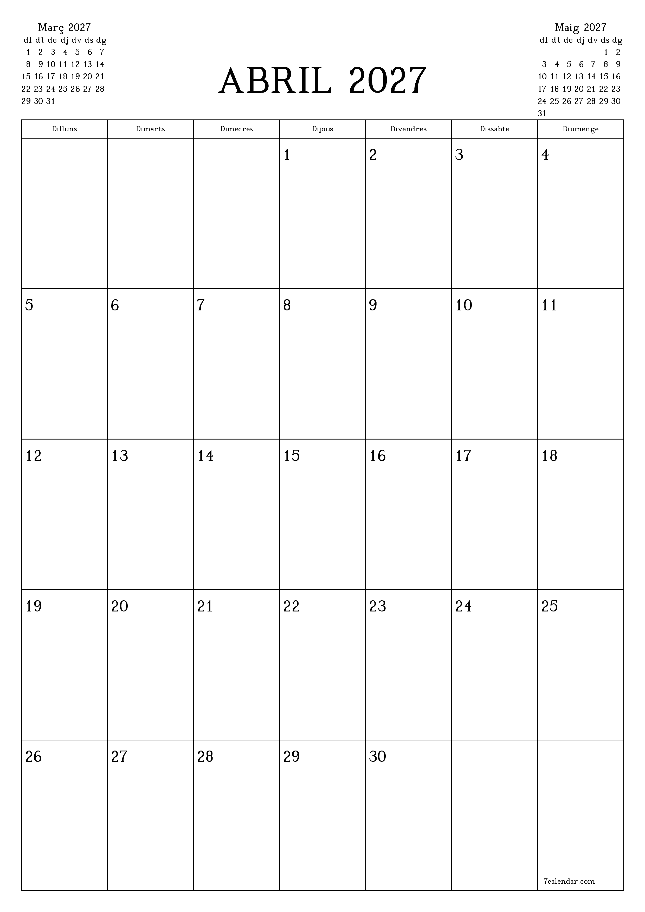 Planificador mensual buit del mes Abril 2027 amb notes, deseu-lo i imprimiu-lo en format PDF PNG Catalan