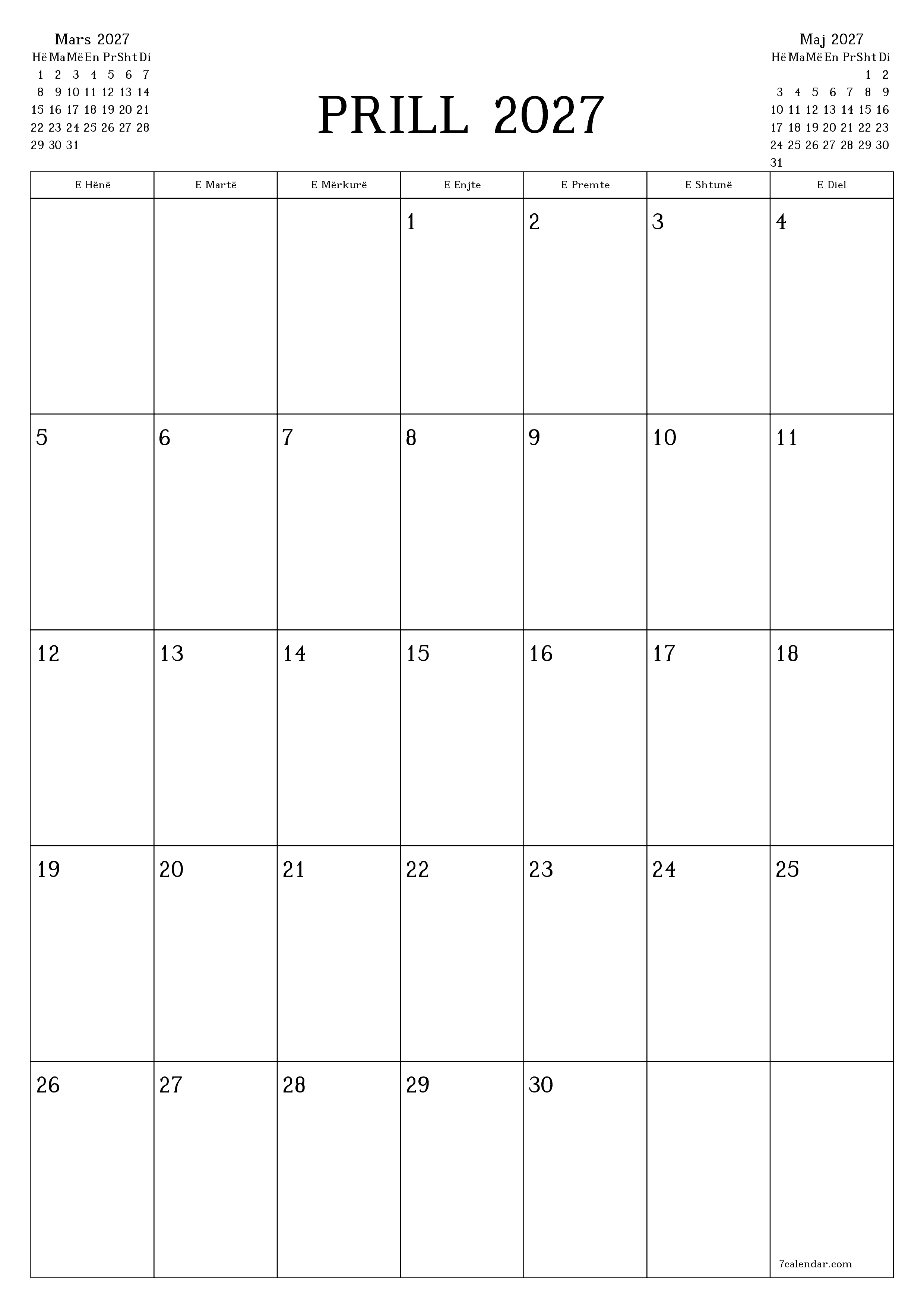 Planifikuesi i zbrazët i kalendarit mujor për muajin Prill 2027 me shënime të ruajtura dhe të printuara në PDF PNG Albanian