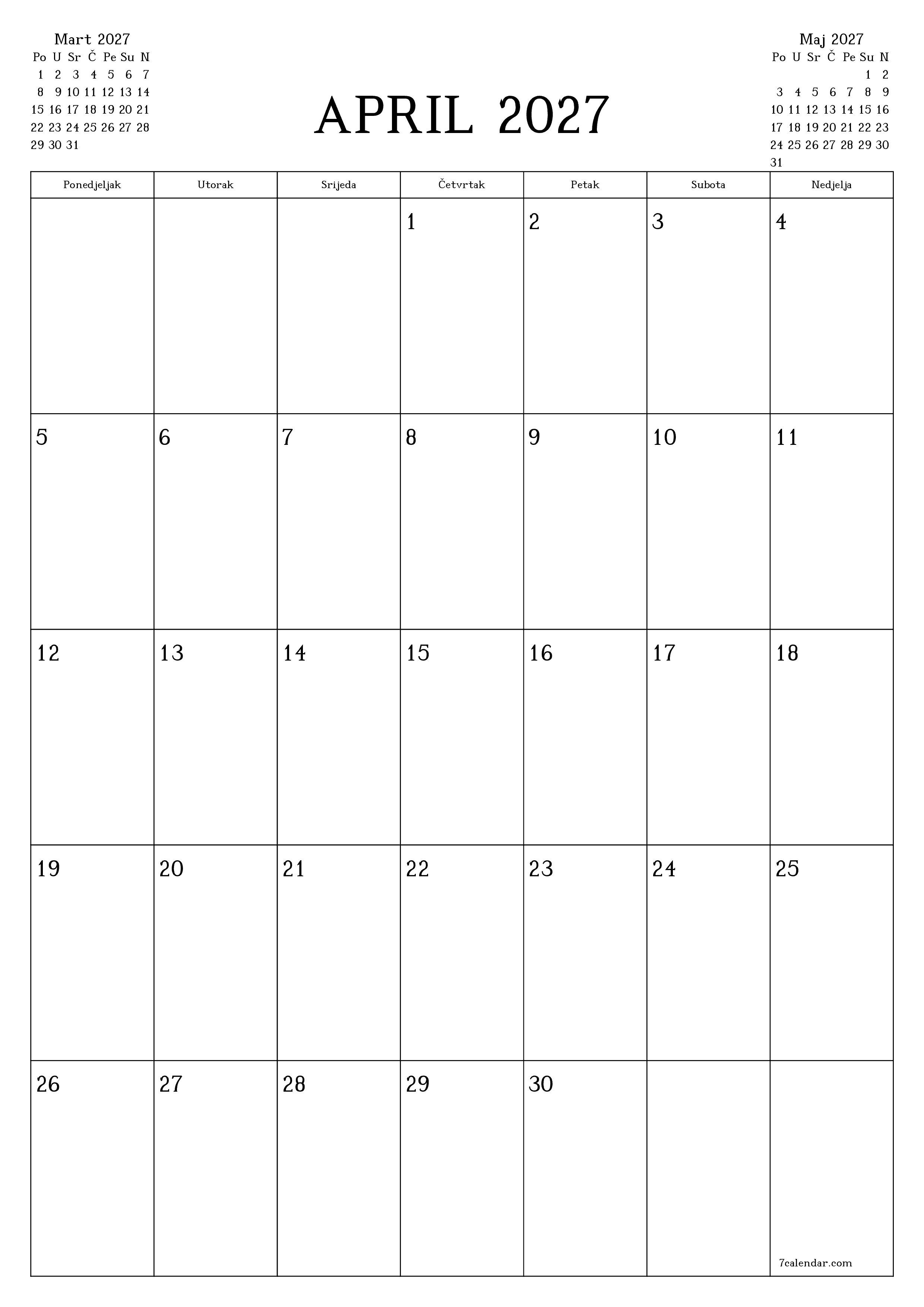 Ispraznite mjesečni planer za mjesec April 2027 s bilješkama, spremite i ispišite u PDF PNG Bosnian