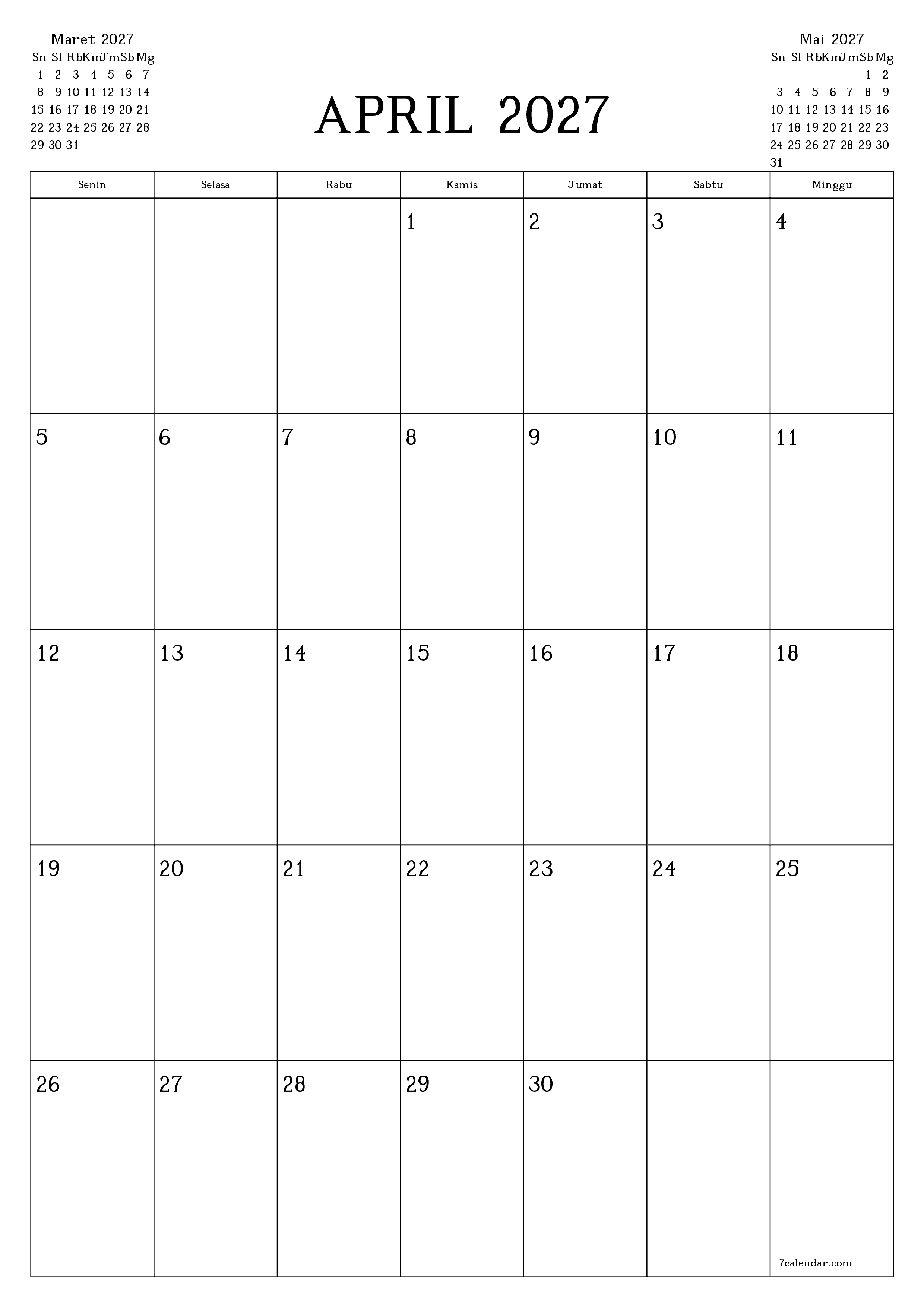 Kosongkan agenda bulanan untuk bulan April 2027 dengan catatan, simpan dan cetak ke PDF PNG Indonesian