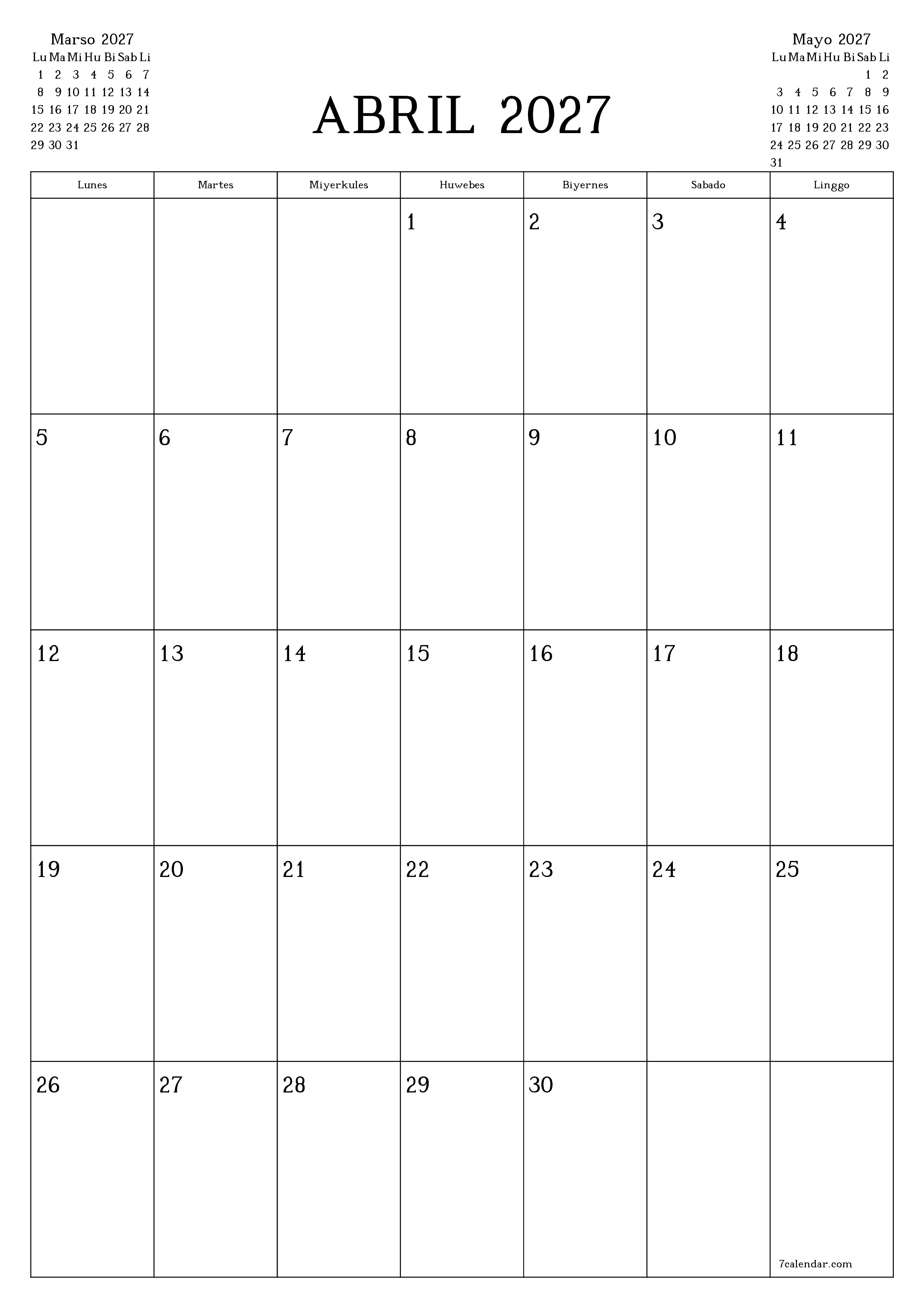 Walang laman na buwanang tagaplano para sa buwan na Abril 2027 na may mga tala, i-save at i-print sa PDF PNG Filipino