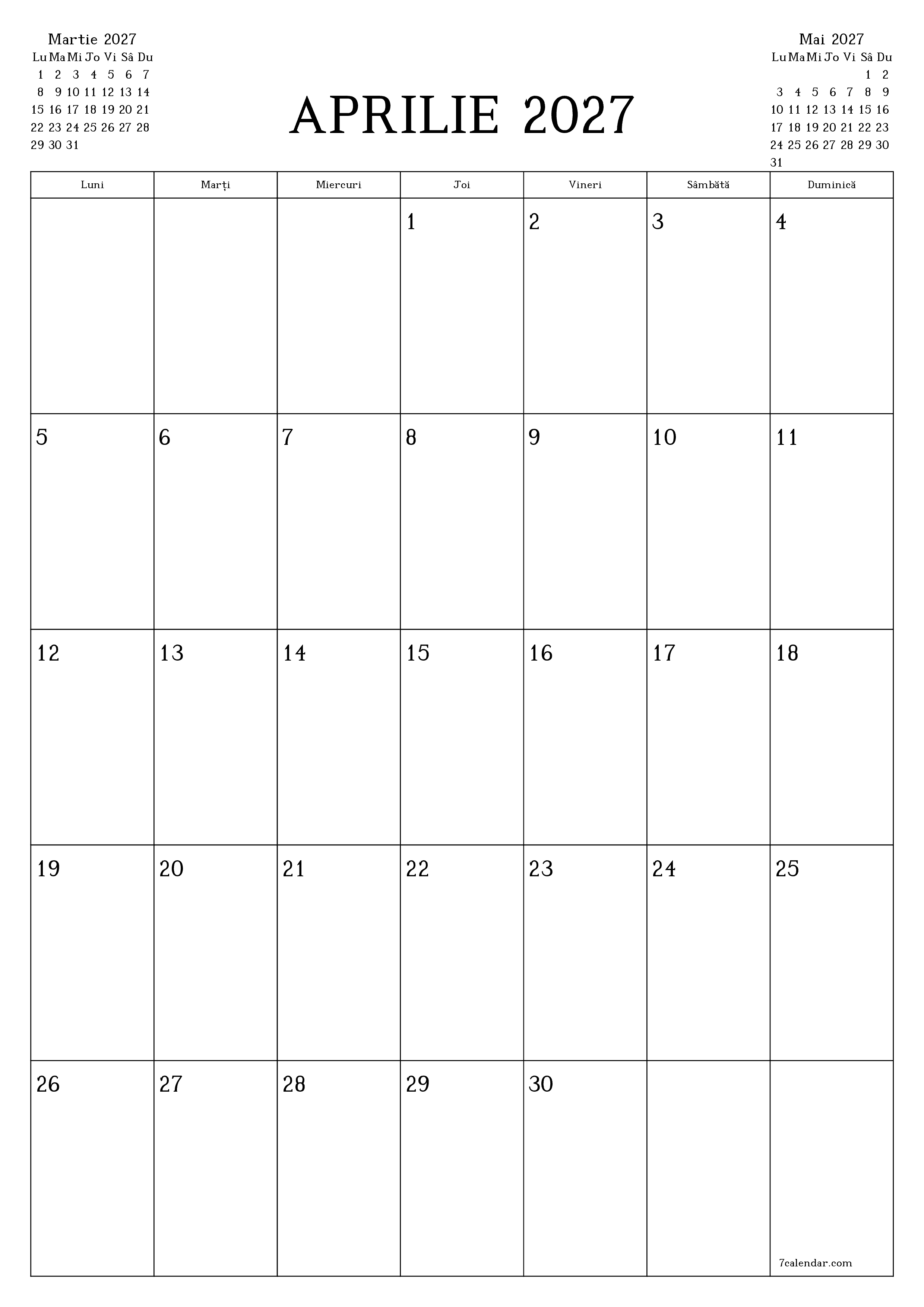 Planificator lunar gol pentru luna Aprilie 2027 cu note, salvați și tipăriți în PDF PNG Romanian