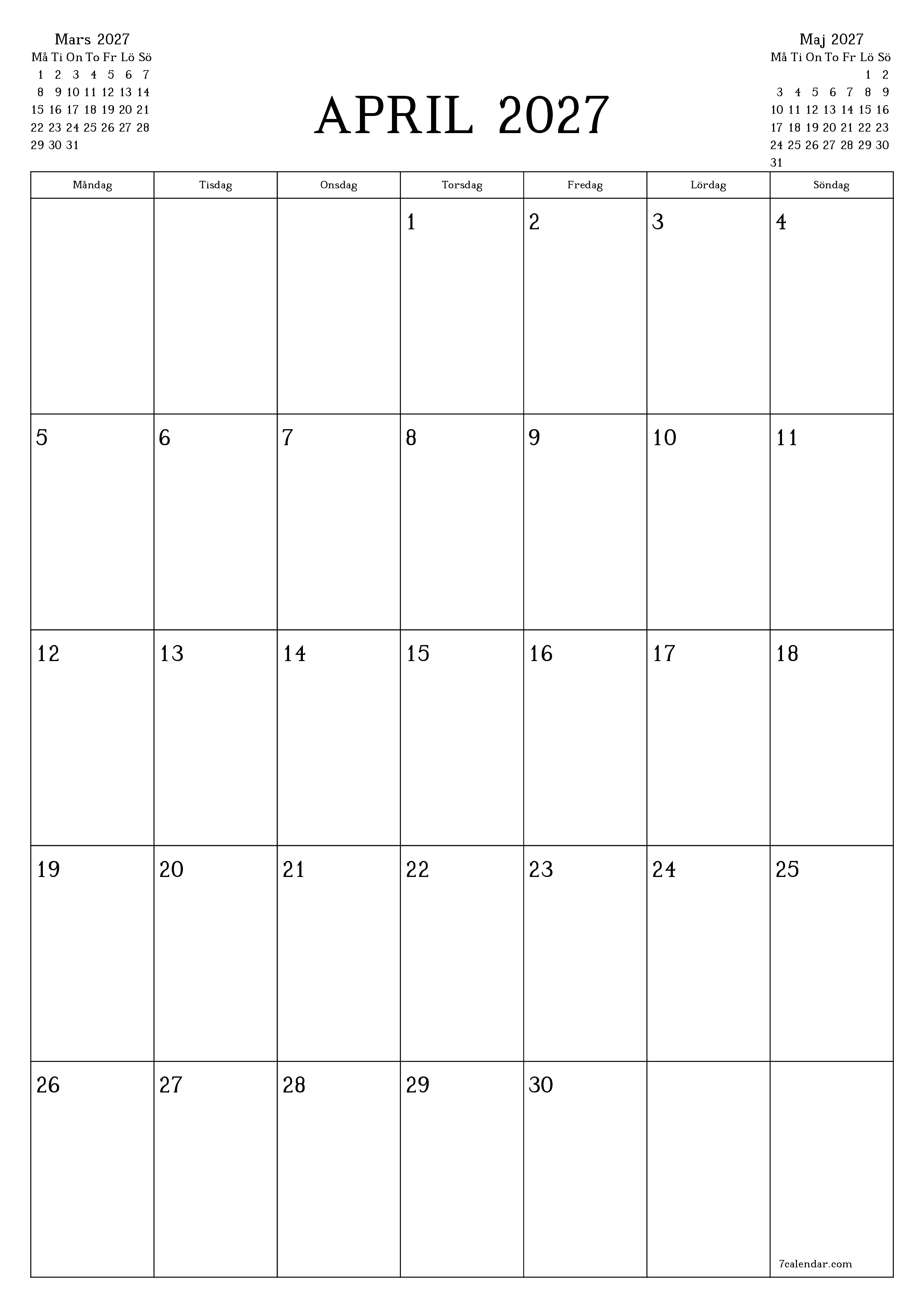 Tom månadsplanerare för månad April 2027 med anteckningar, spara och skriv ut till PDF PNG Swedish