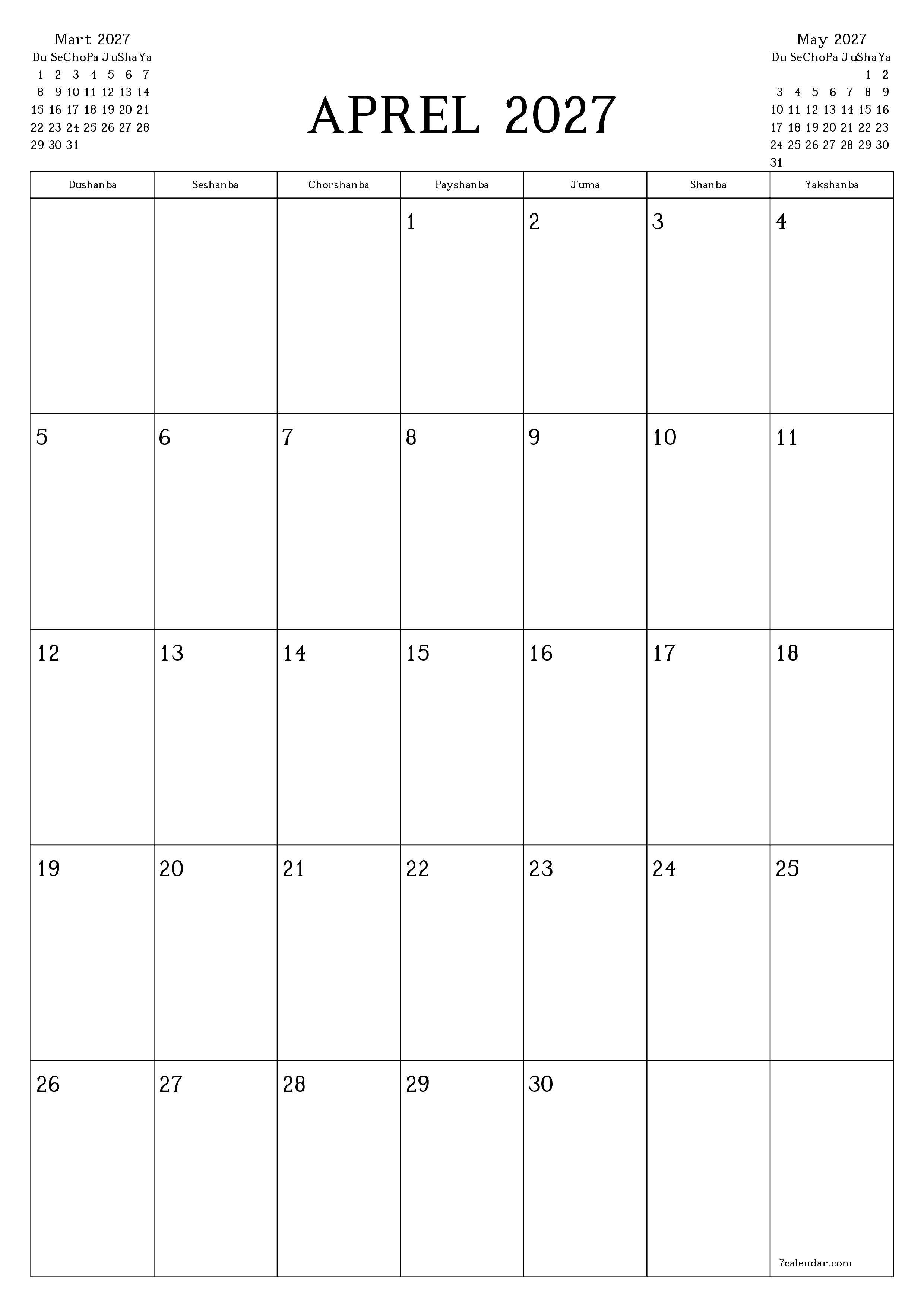 Aprel 2027 oylik oylik rejalashtiruvchini yozuvlar bilan bo'shatish, saqlash va PDF-ga chop etish PNG Uzbek