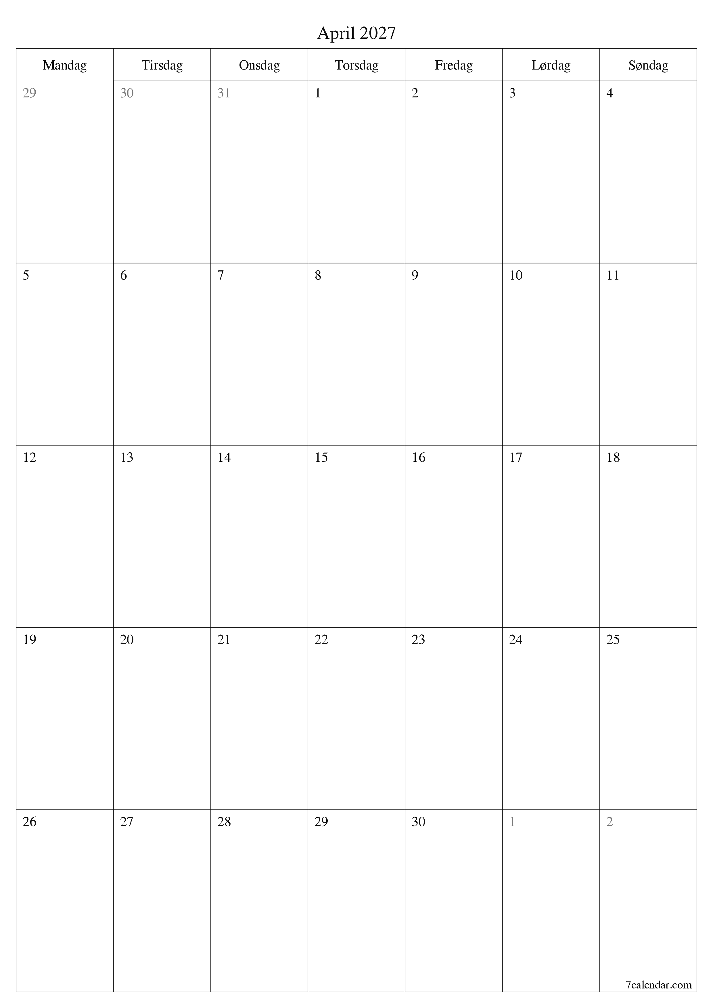 Tom månedlig planlægning for måned April 2027 med noter, gem og udskriv til PDF PNG Danish