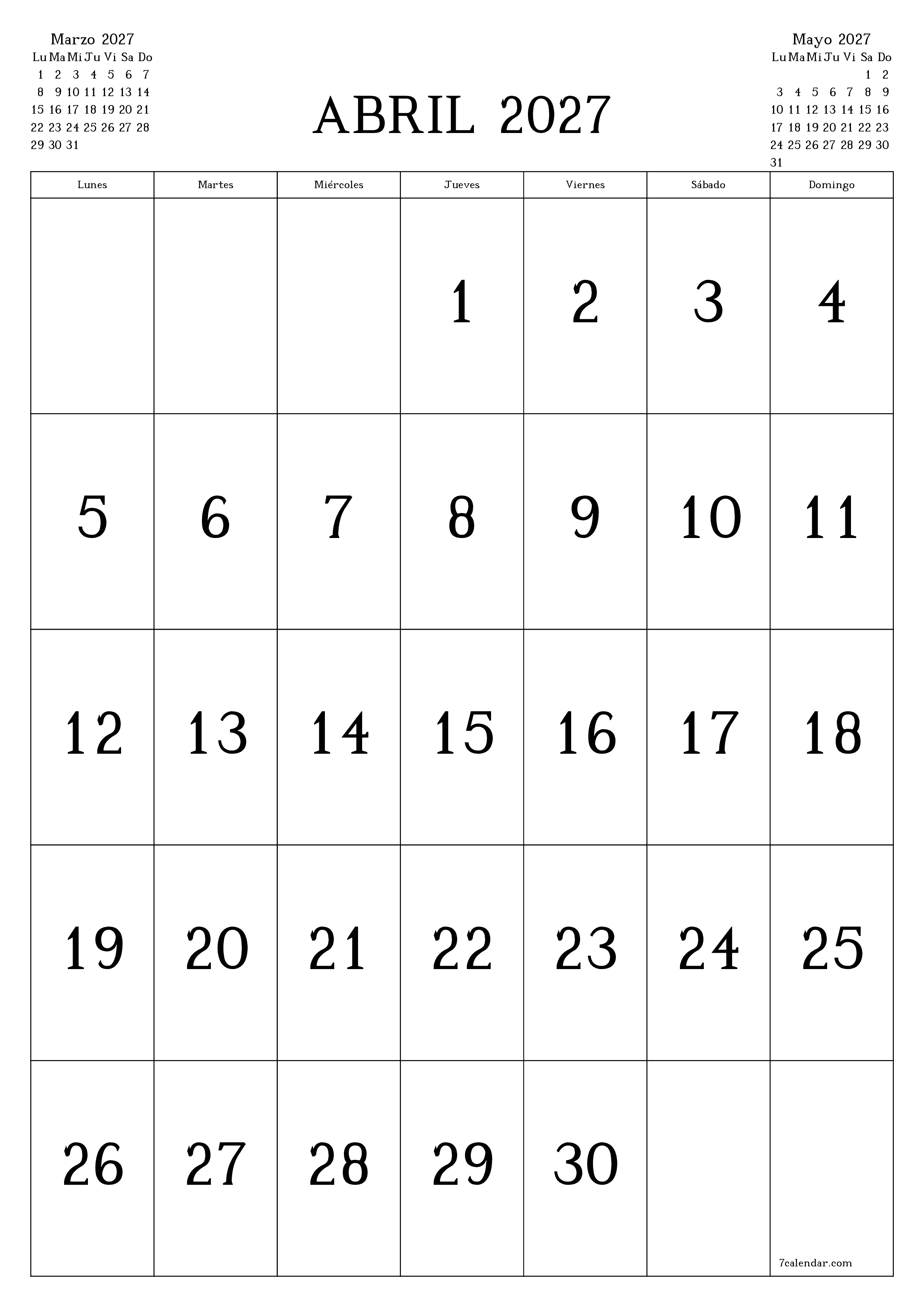  imprimible de pared plantilla de gratisvertical Mensual calendario Abril (Abr) 2027