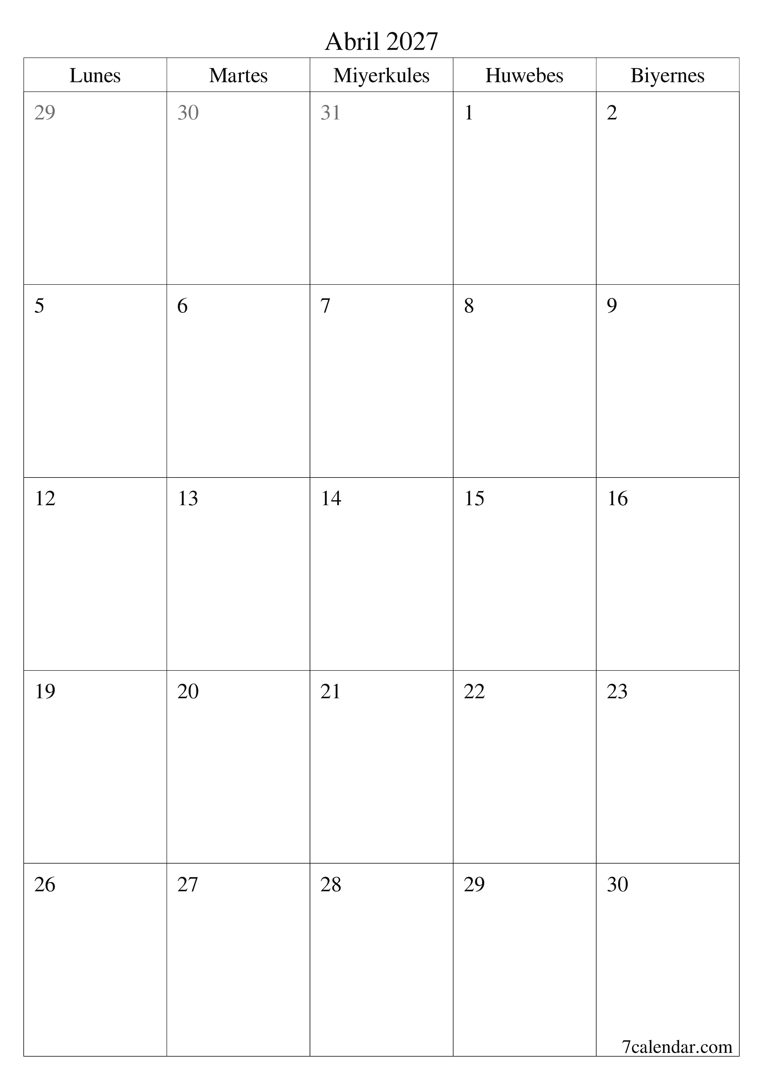 Walang laman na buwanang tagaplano para sa buwan na Abril 2027 na may mga tala, i-save at i-print sa PDF PNG Filipino