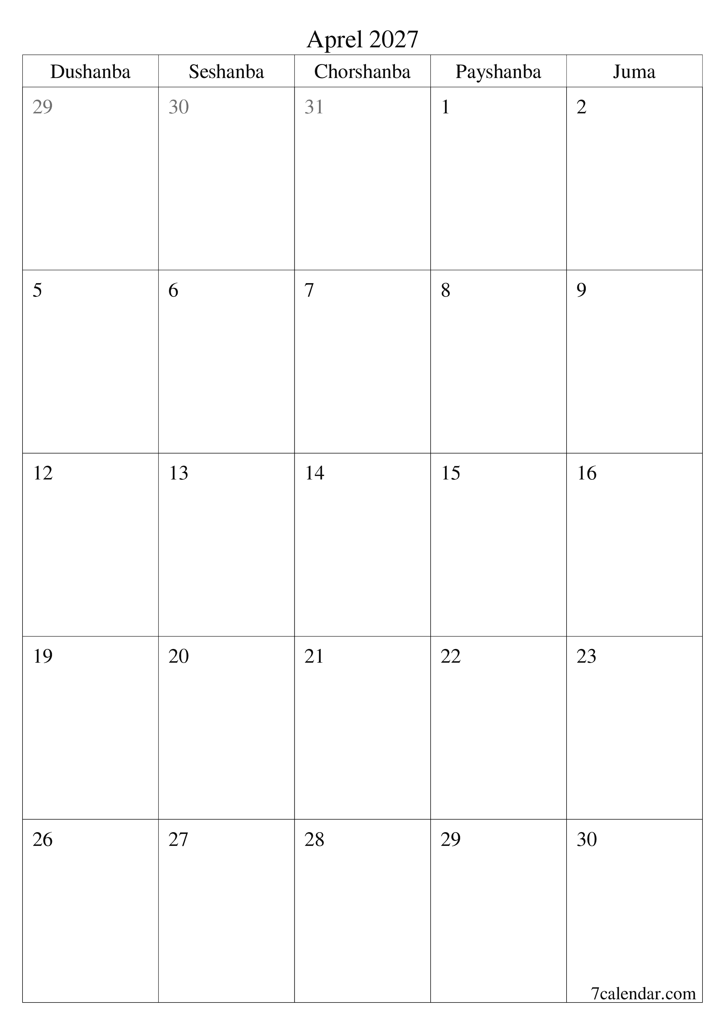 Aprel 2027 oylik oylik rejalashtiruvchini yozuvlar bilan bo'shatish, saqlash va PDF-ga chop etish PNG Uzbek