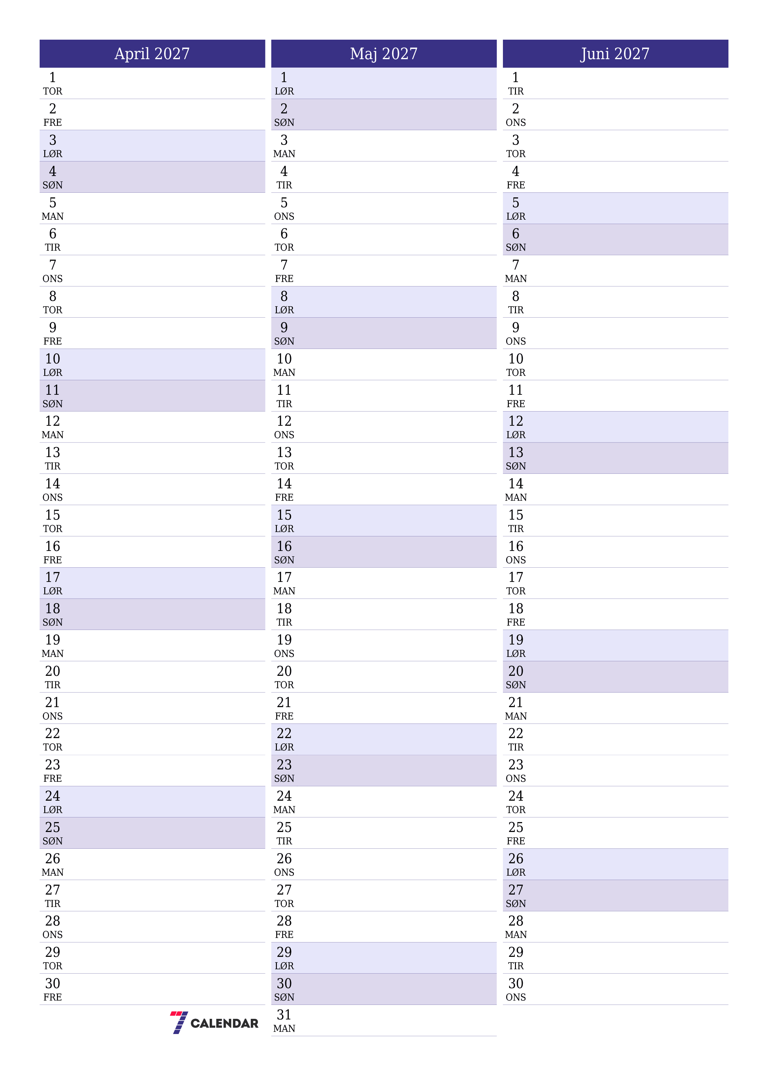 Tom månedlig planlægning for måned April 2027 med noter, gem og udskriv til PDF PNG Danish