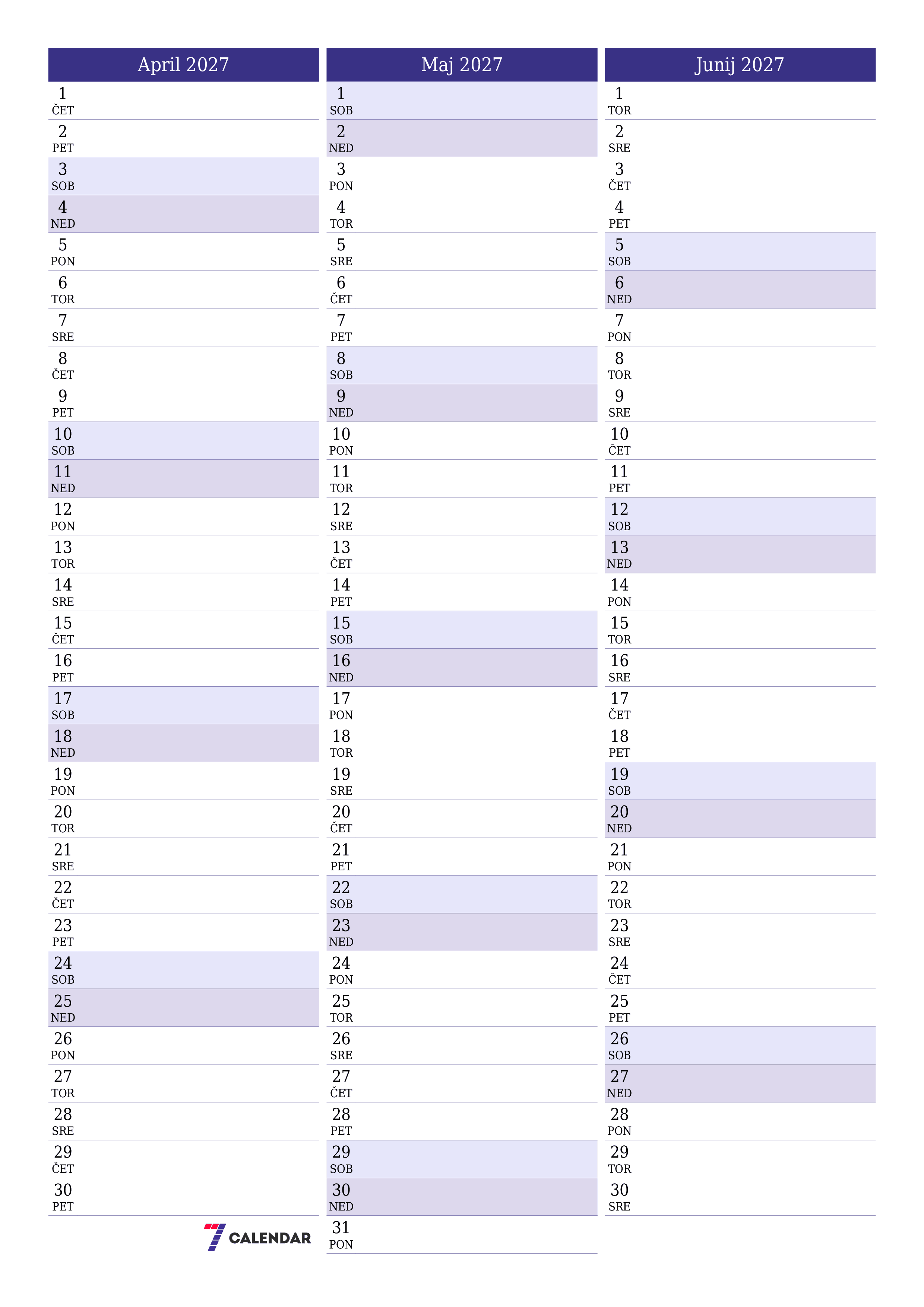 Prazen mesečni načrtovalec koledarja za mesec April 2027 z opombami, natisnjenimi v PDF PNG Slovenian