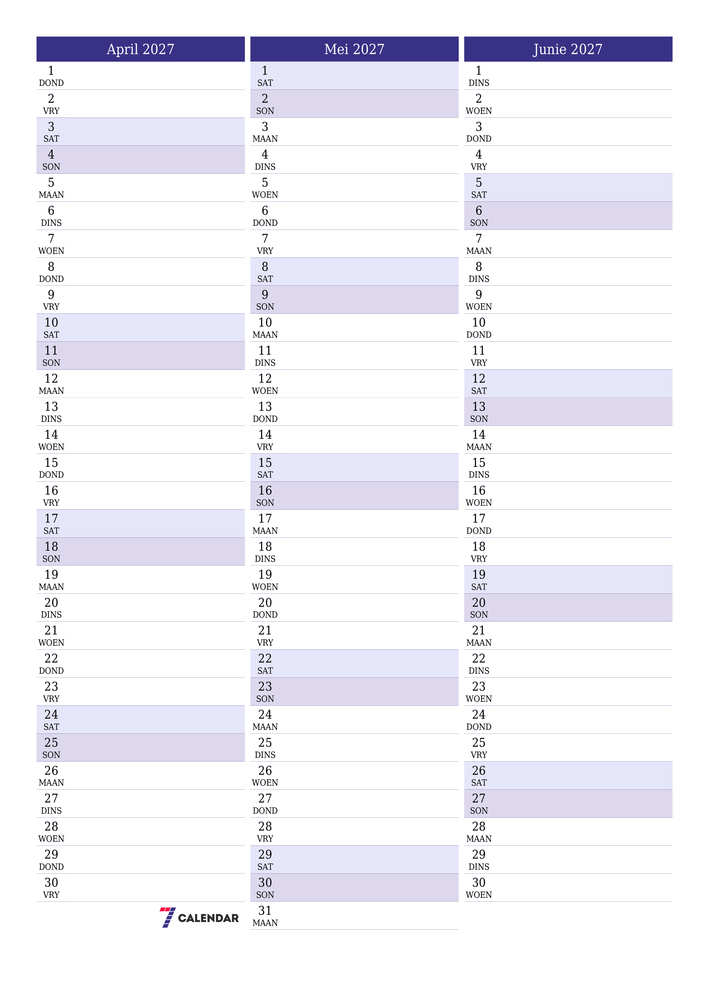 Leë maandelikse drukbare kalender en beplanner vir maand April 2027 met notas stoor en druk na PDF PNG Afrikaans